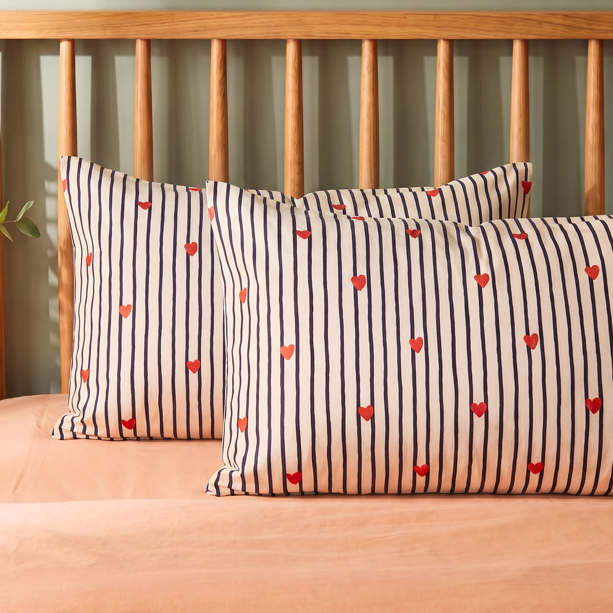 Striped Red Heart Printed Cotton Pillow Cover
