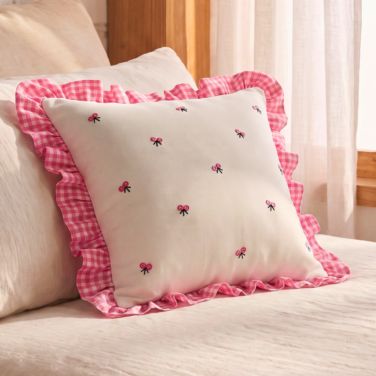 Gingham Ruffle Hand Embroidered Cushion Cover