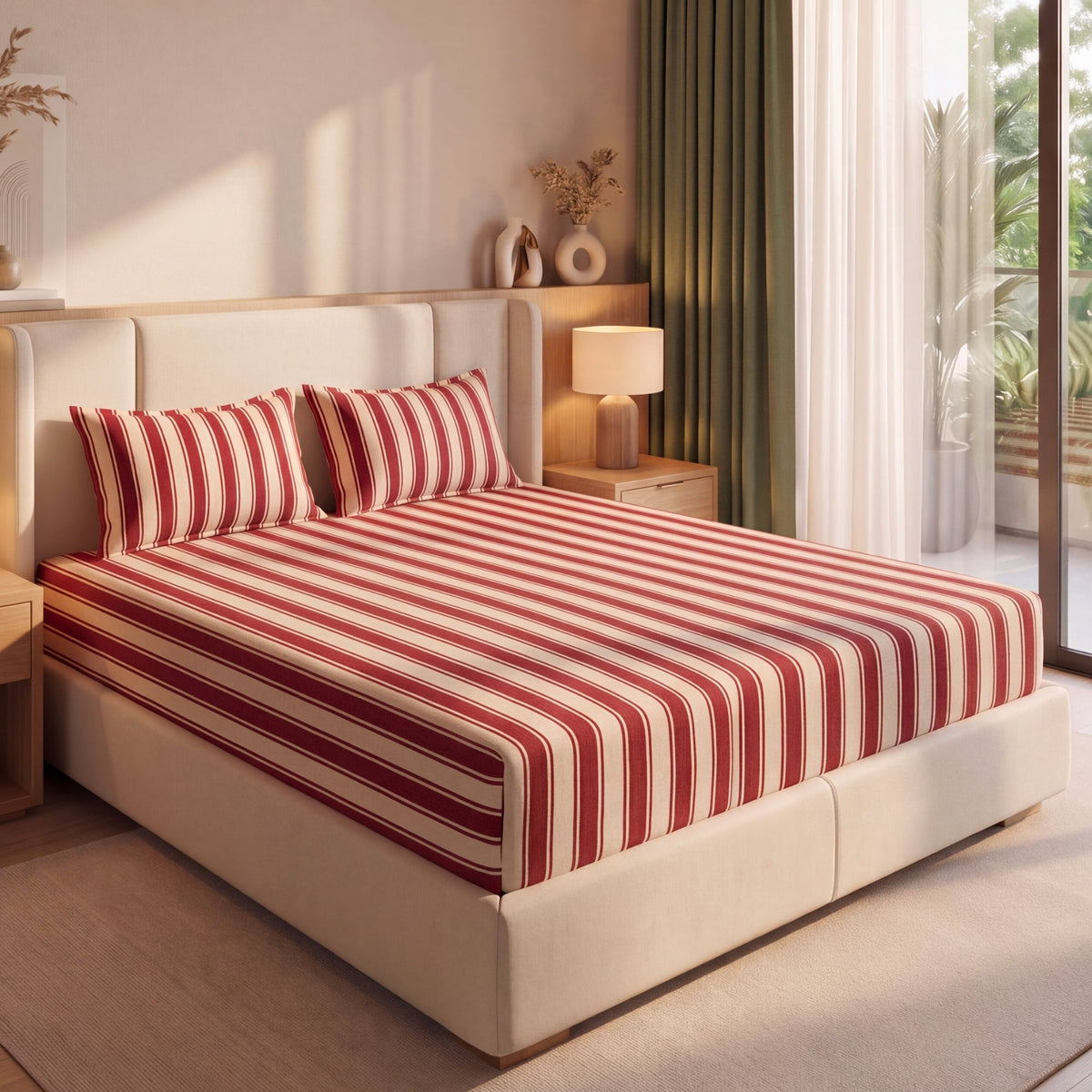 Timeless Maroon Stripe Cotton Bedsheet– 350 TC Cotton