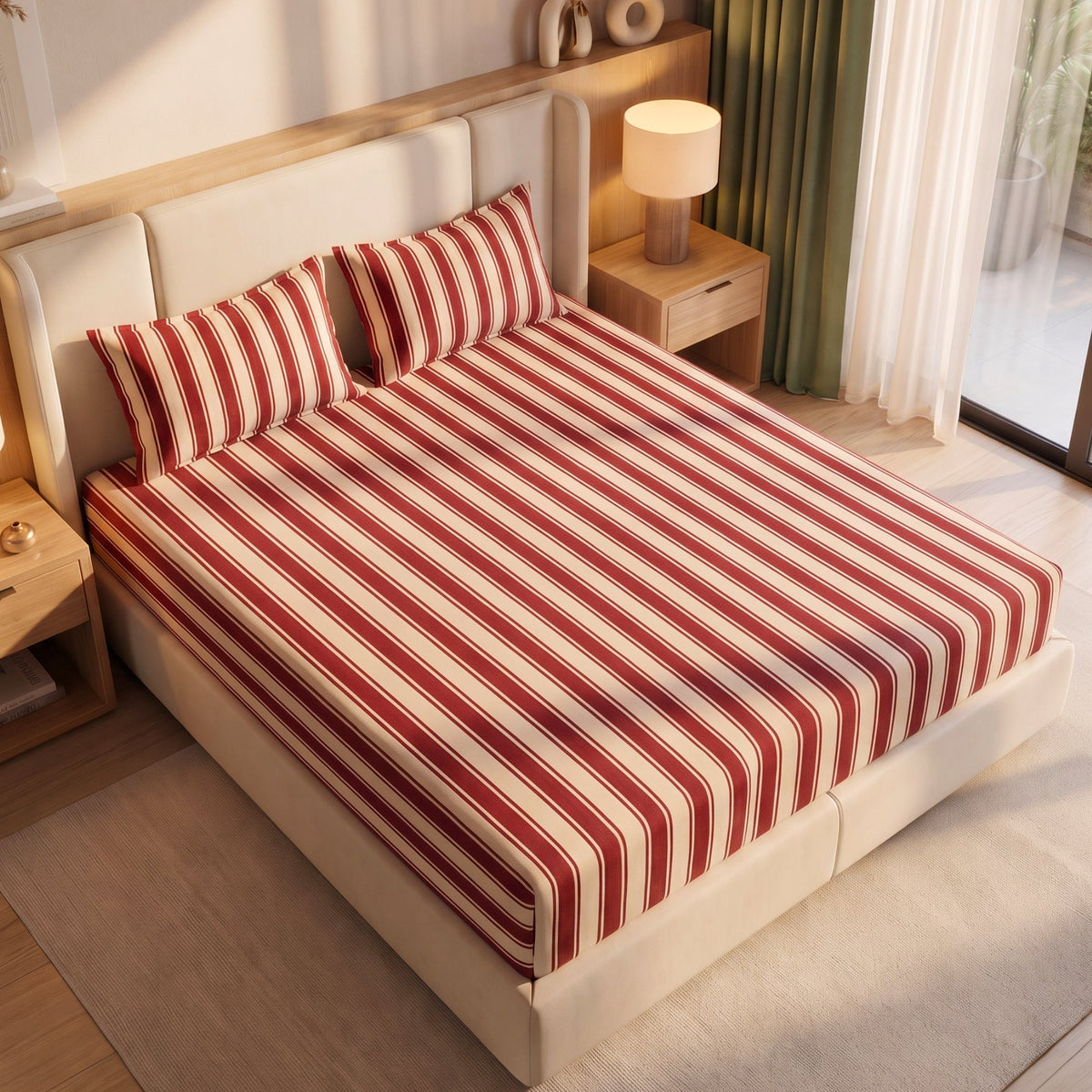 Timeless Maroon Stripe Cotton Bedsheet– 350 TC Cotton