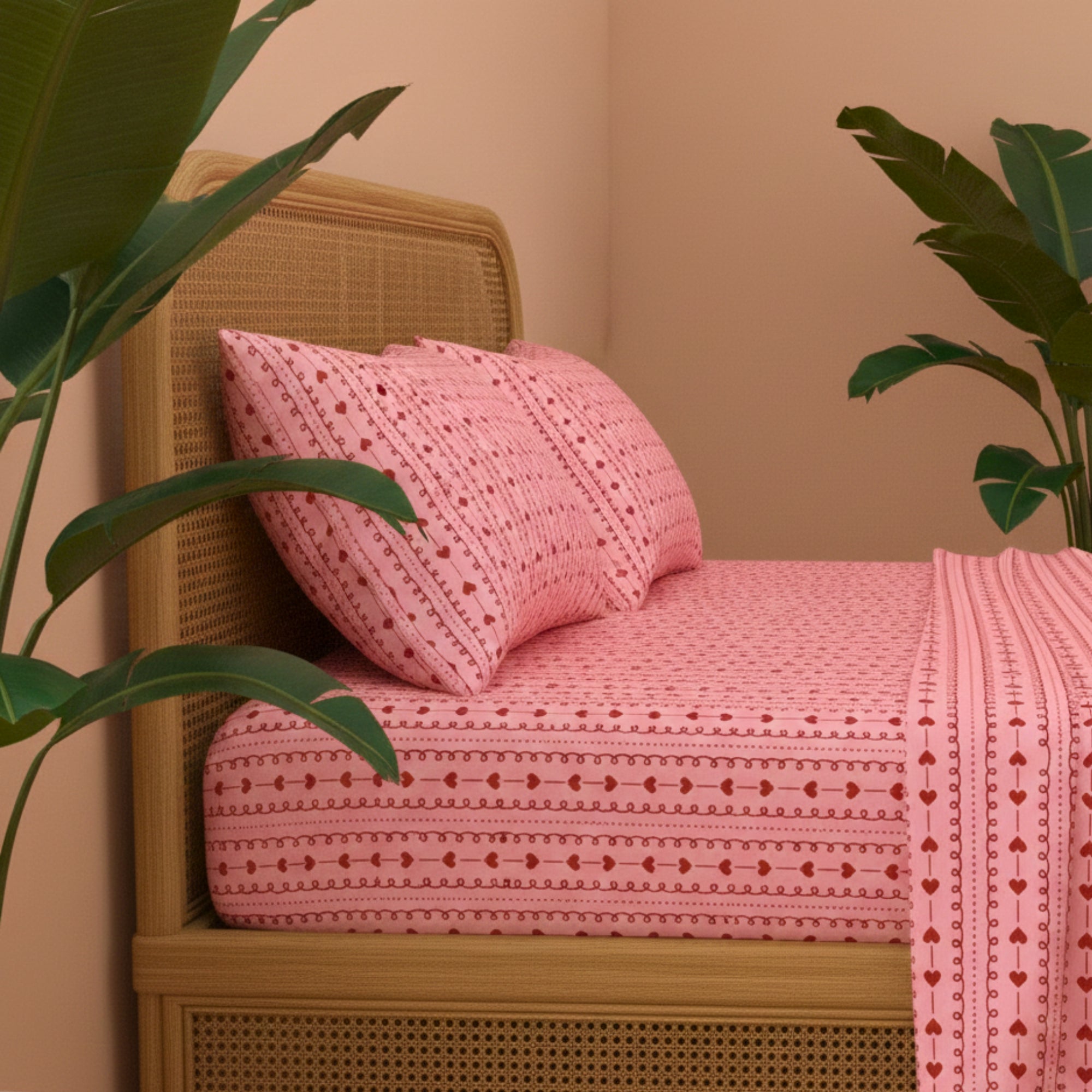 Romantic Red Hearts & Dainty Pink Stripe Pattern – Soft, Breathable Screen Printed Flat Sheet