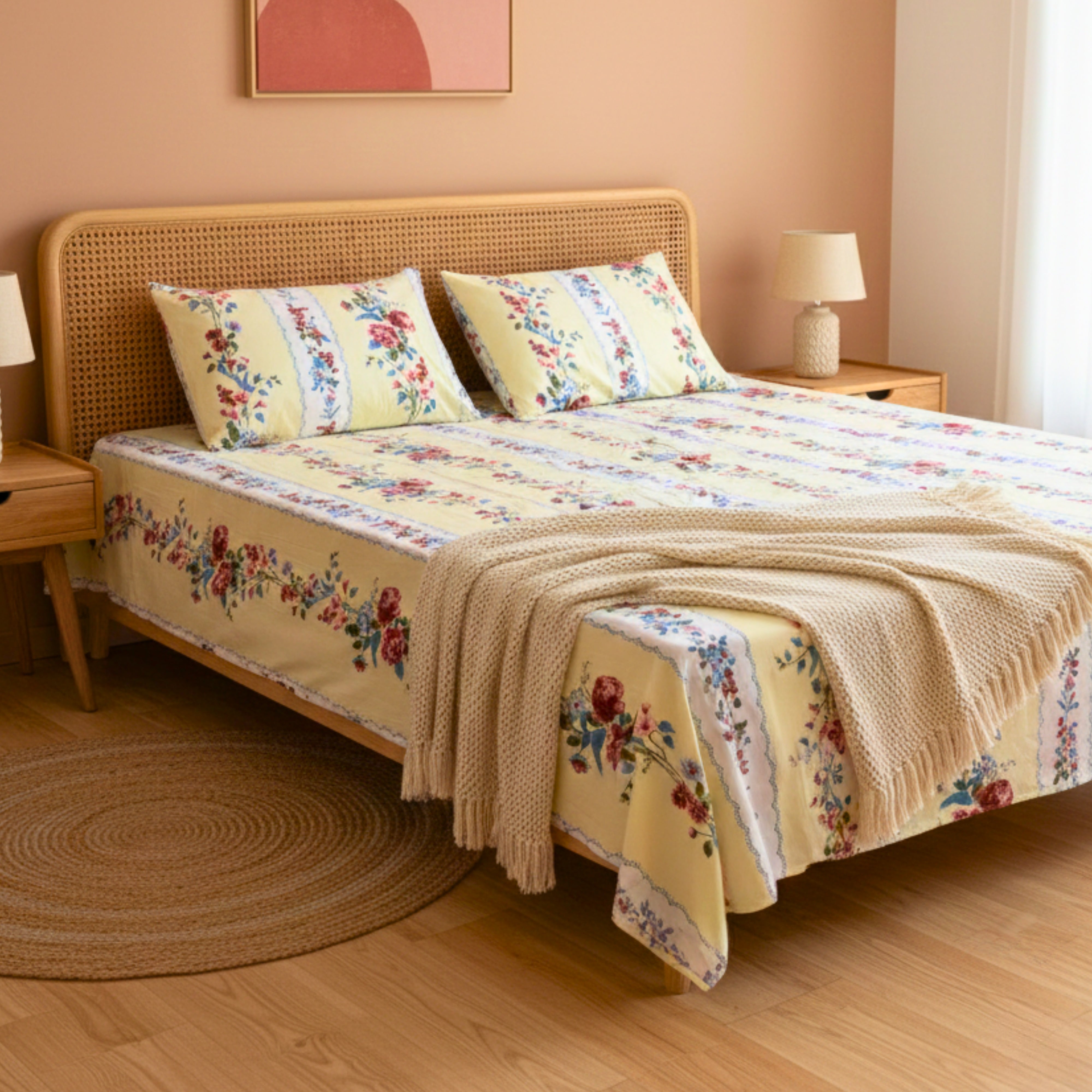 Bedsheet for Double Bed White with Multicolor Floral Stripes Queen Size.