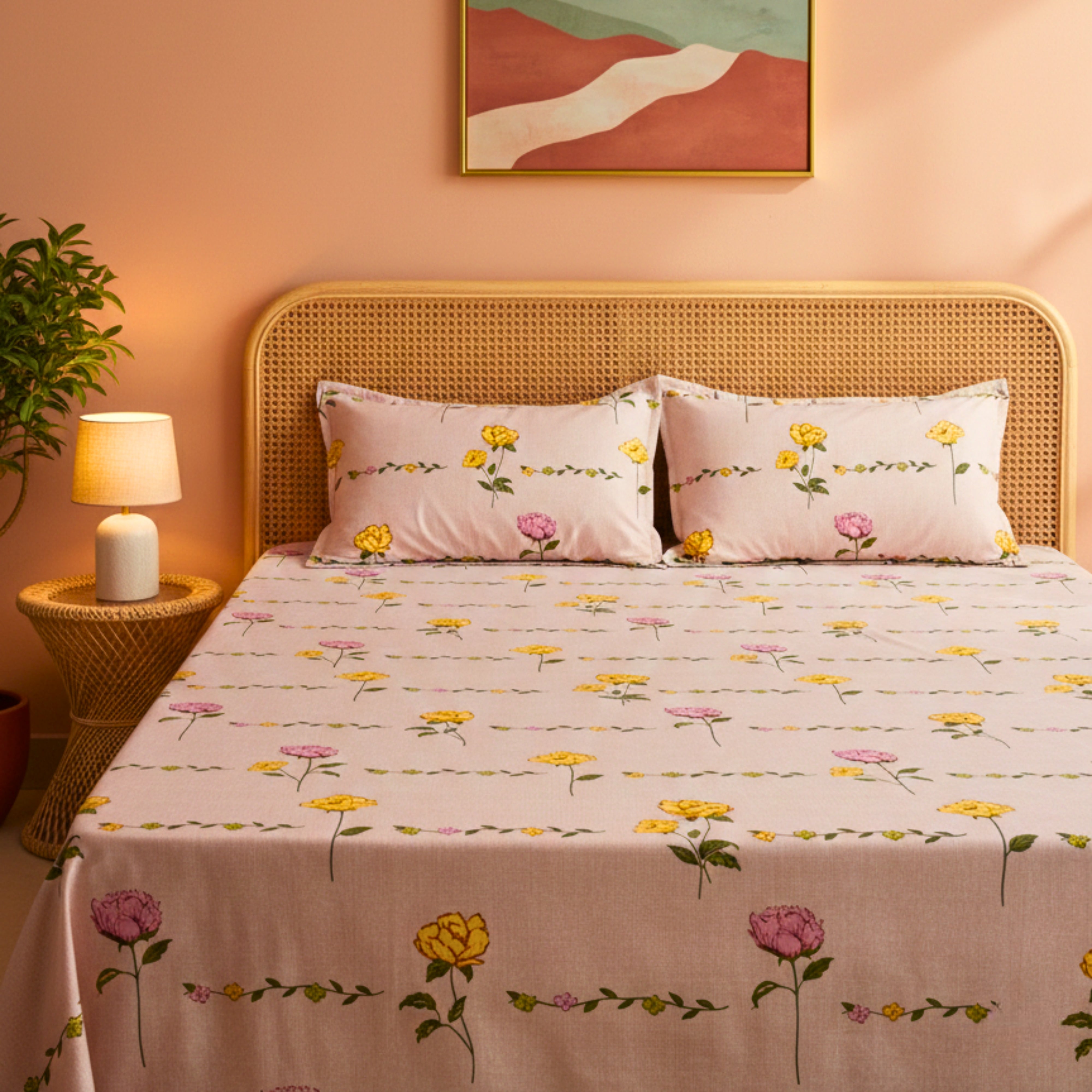 Bedsheet for Double Bed Yellow & Pink Floral Print King Size.