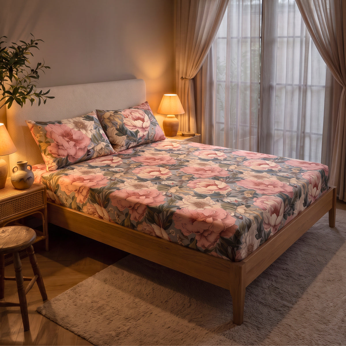 Vintage Blush Peony 350 TC Cotton Bedsheet
