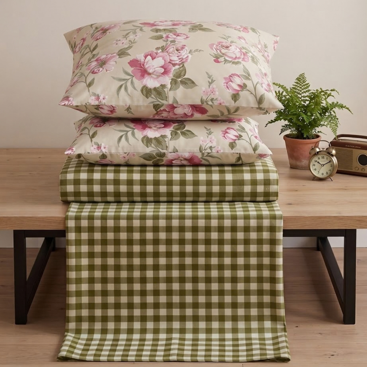 Olive Gingham Bloom 300 TC Cotton Bedsheet