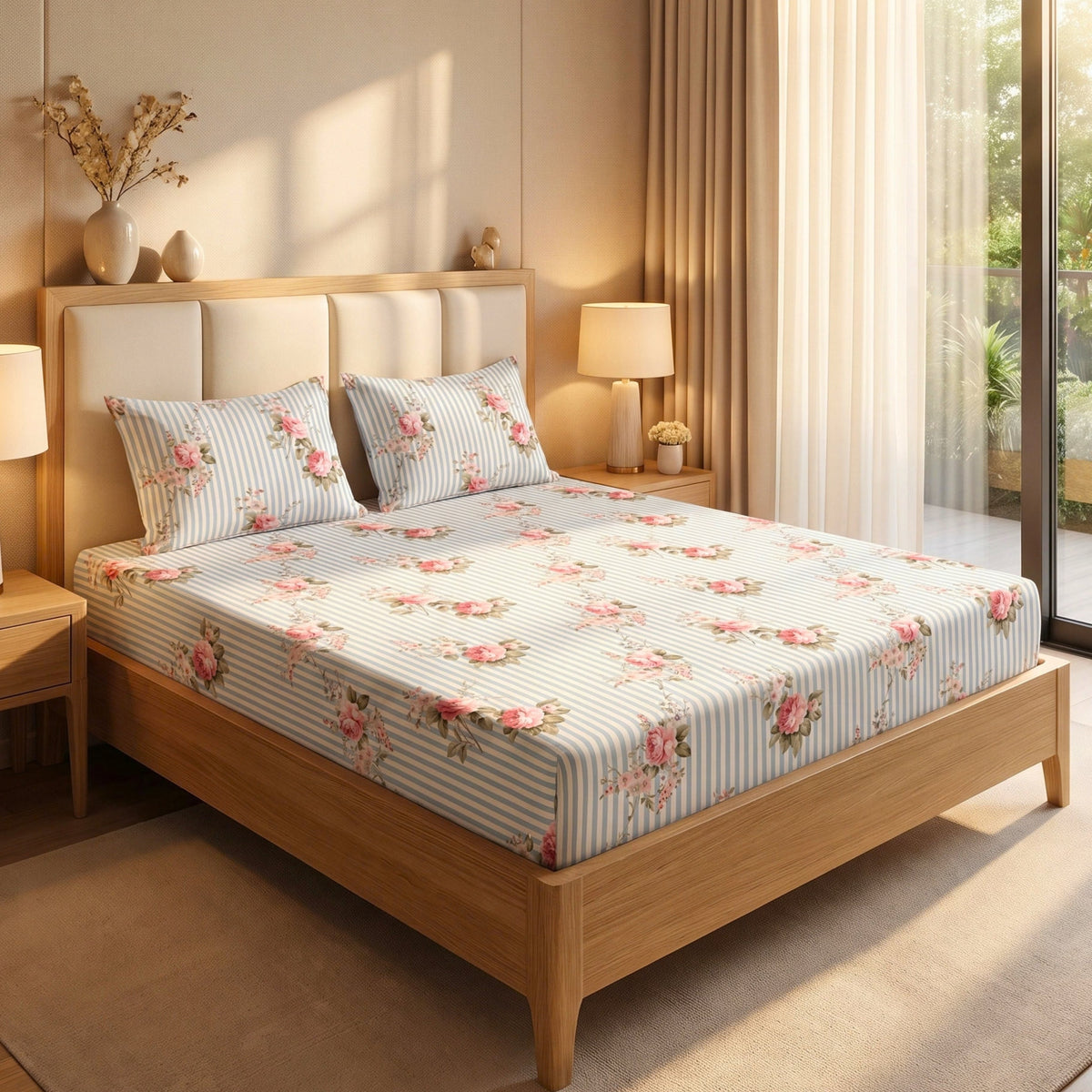 Blue Striped Rose Garden 350 TC Cotton Bedsheet
