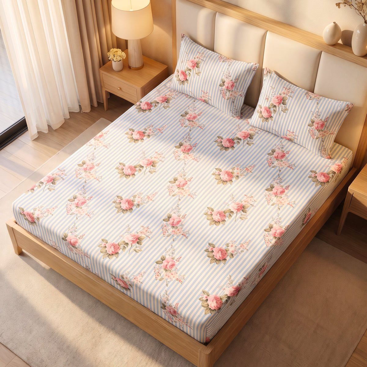 Blue Striped Rose Garden 350 TC Cotton Bedsheet