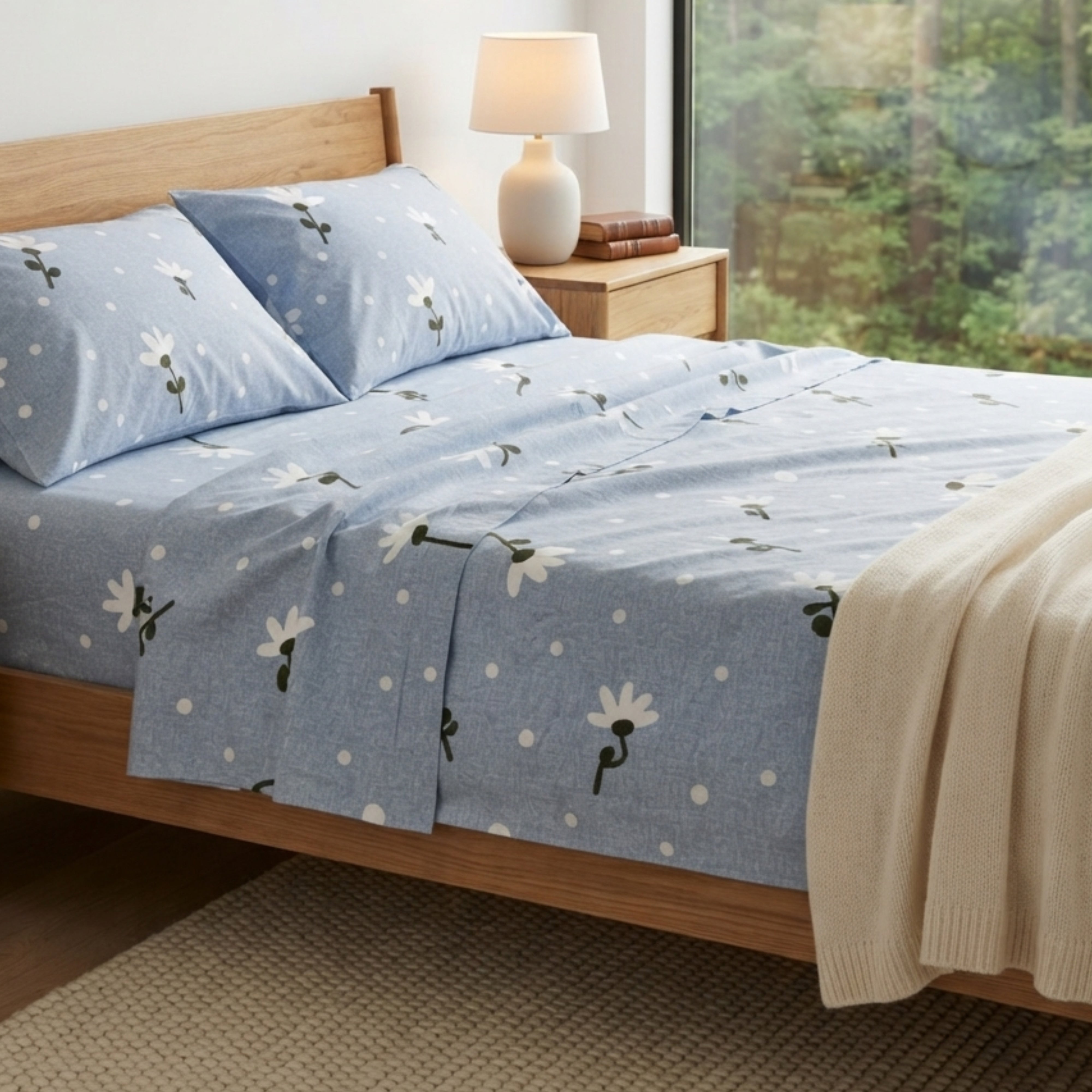 Bedsheet for Double Size Light Blue Floral & Polka Dot Print Bed Queen.
