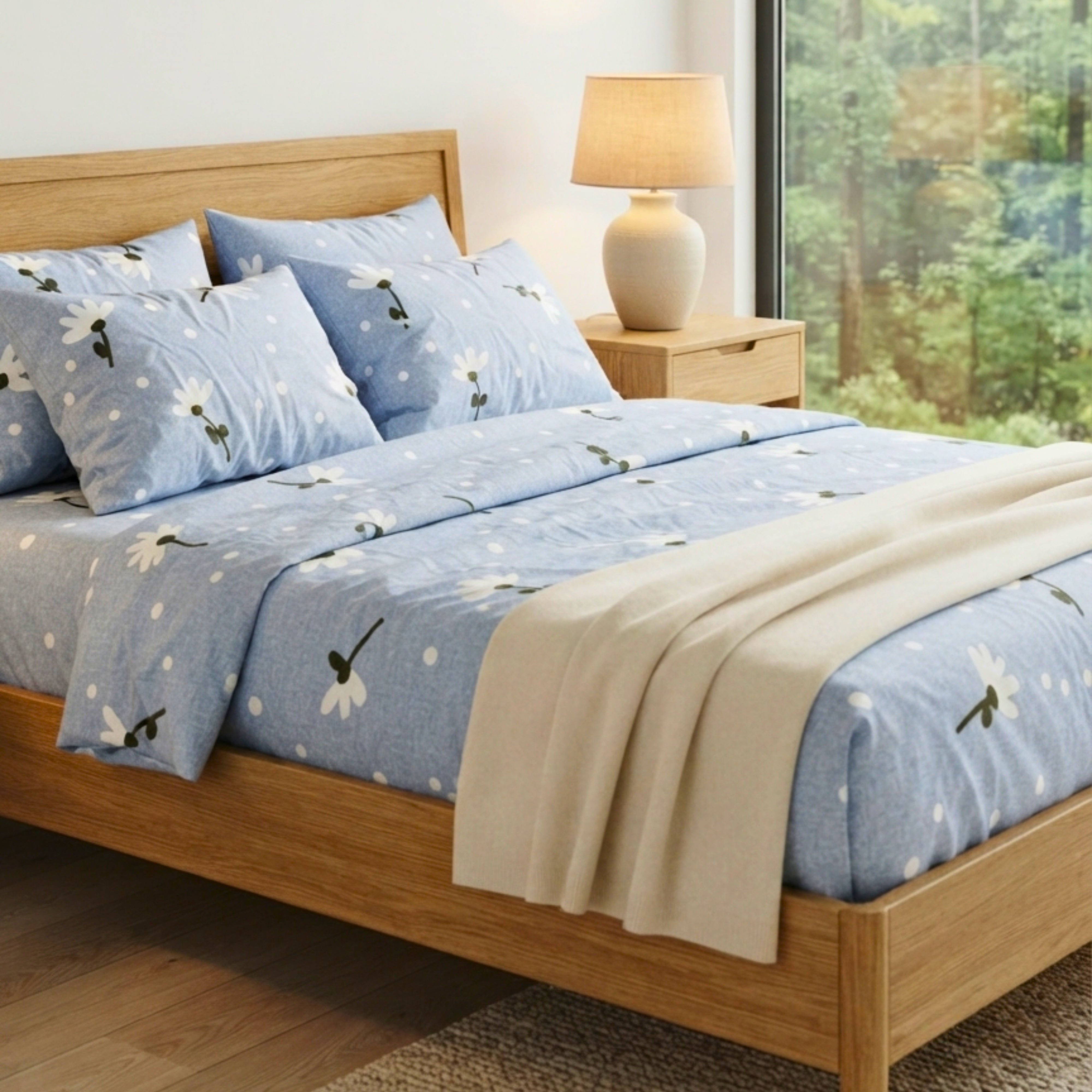 Bedsheet for Double Size Light Blue Floral & Polka Dot Print Bed Queen.