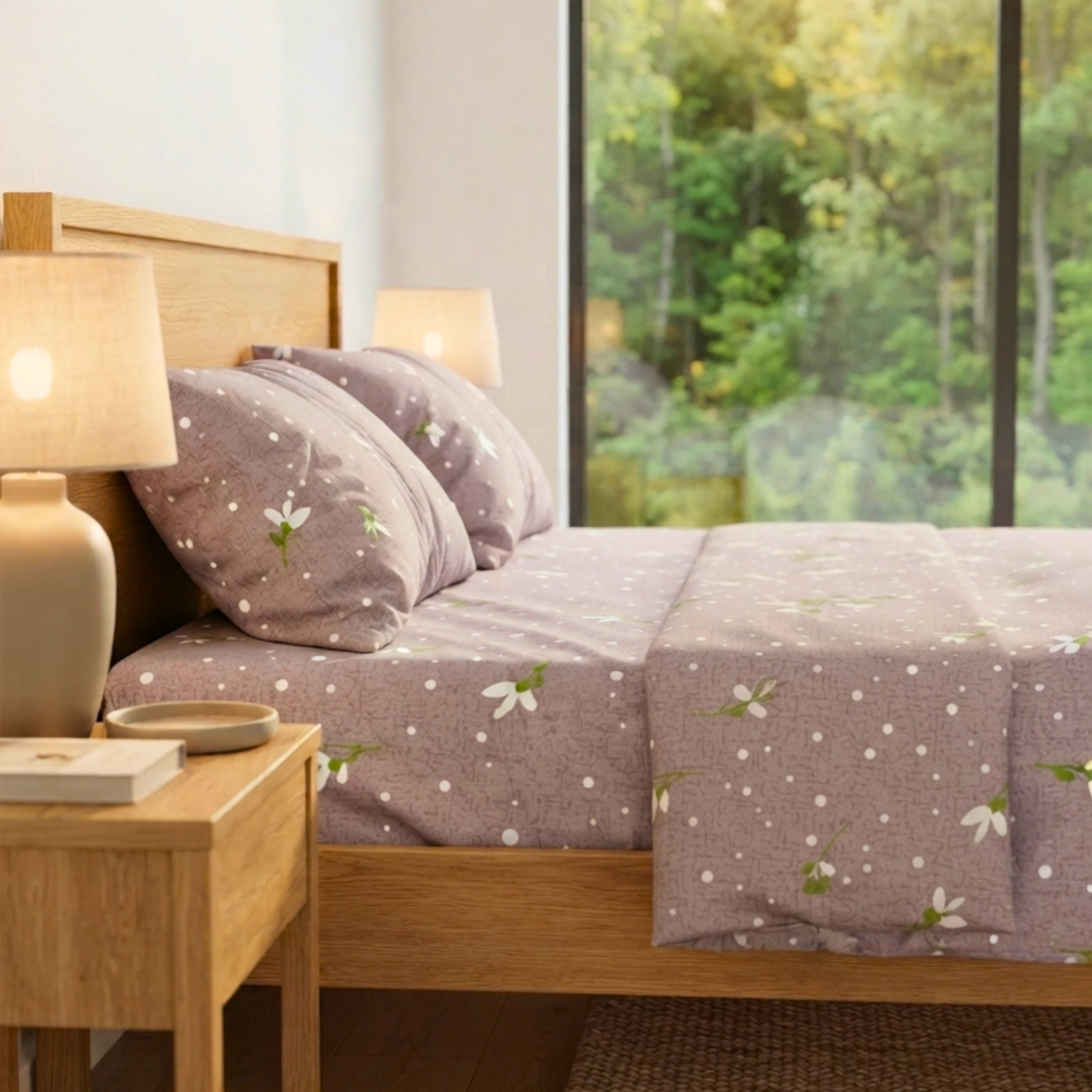 Bedsheet for Double Bed, Mauve Purple with White Floral & Polka Dot Print Queen Size.