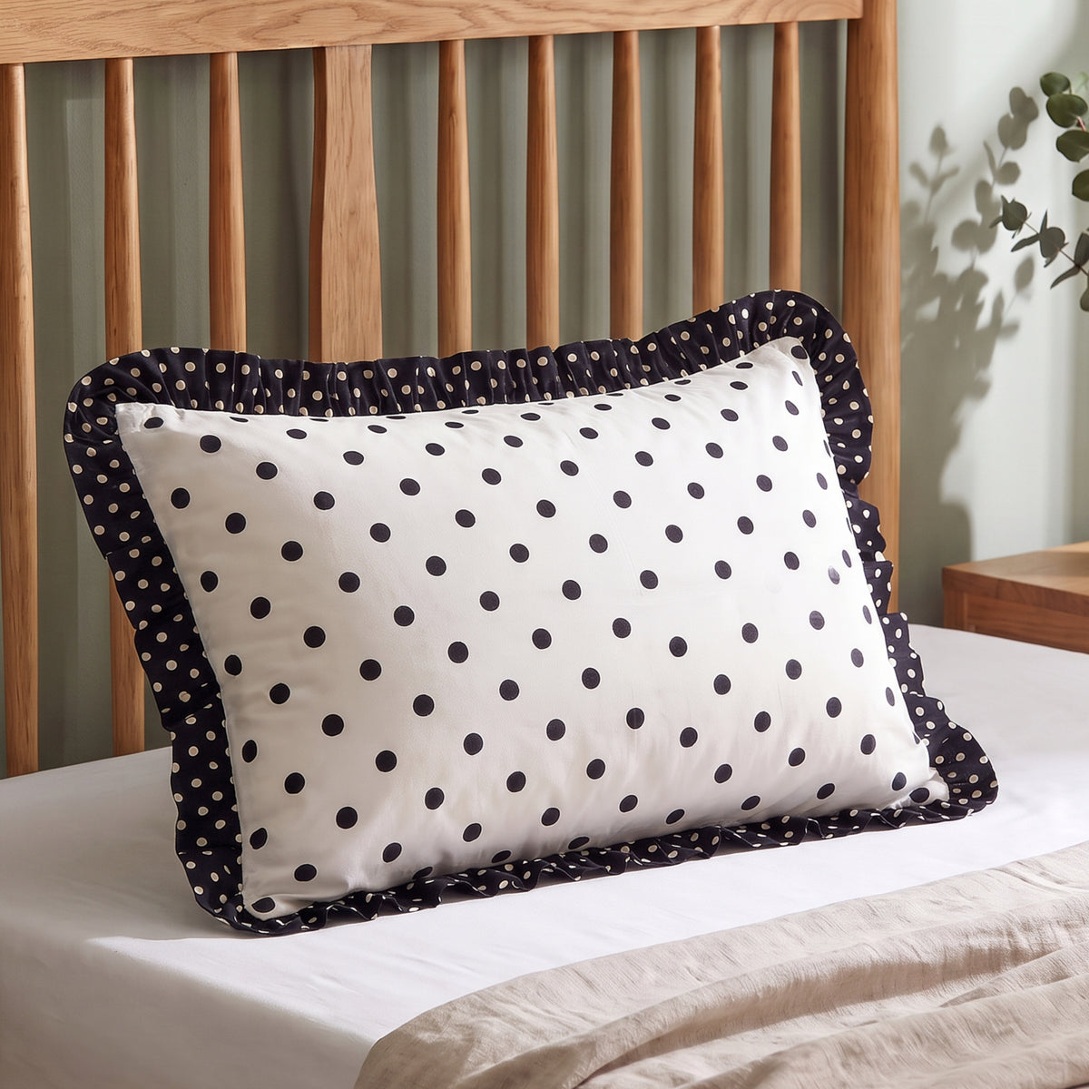 Black Retro Polka Dot Ruffled Pillow Covers