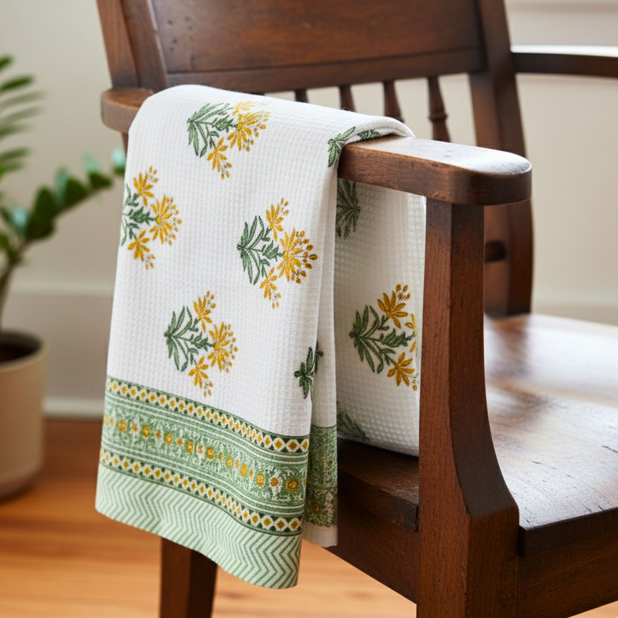 Waffle Weave Cotton Bath Towel Hand Block Printed Yellow Marigold & Green Floral | Super Absorbent, Soft & Quick Dry Bath