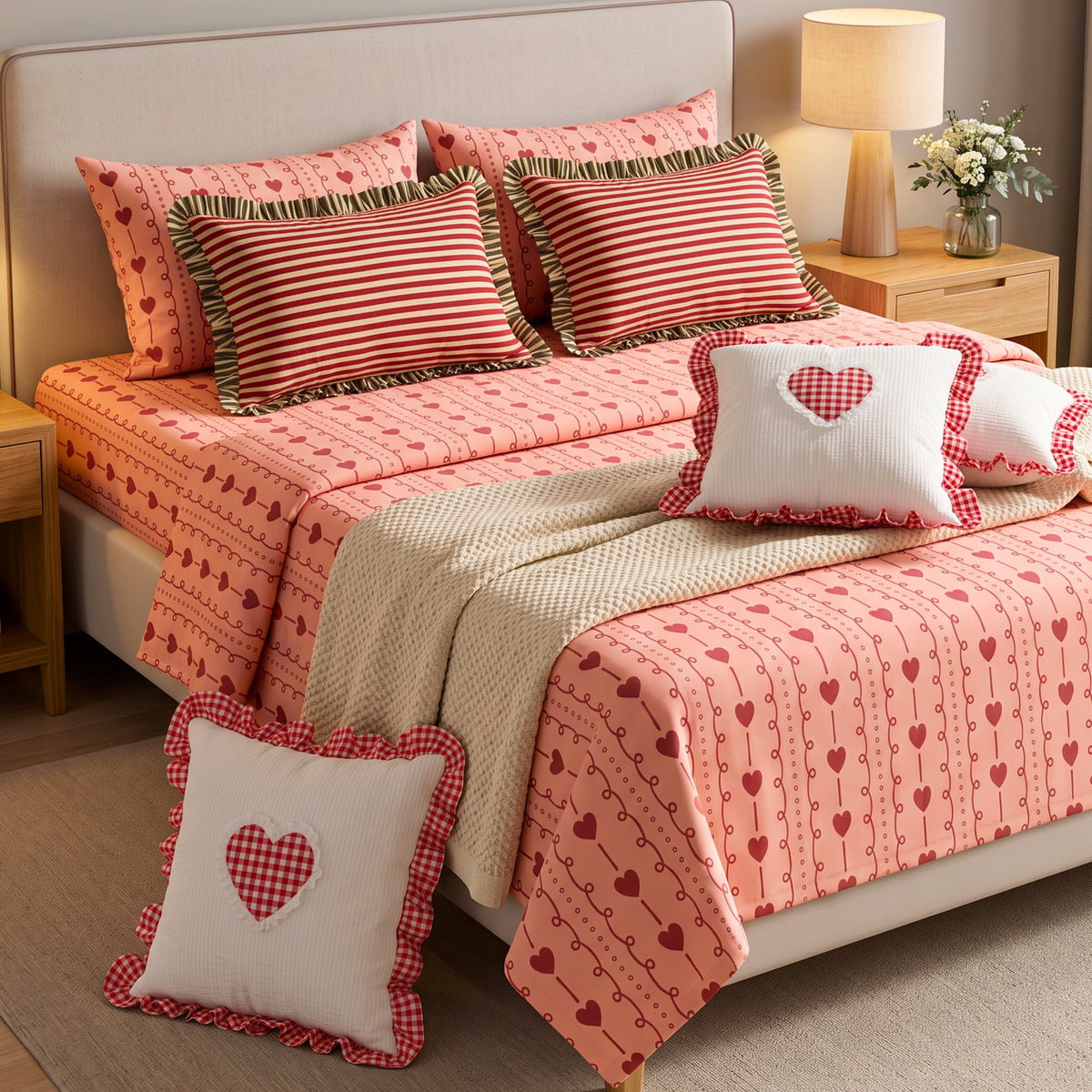 Romantic Red Hearts & Dainty Pink Stripe Pattern Soft, Breathable Screen Printed Flat Sheet King Size