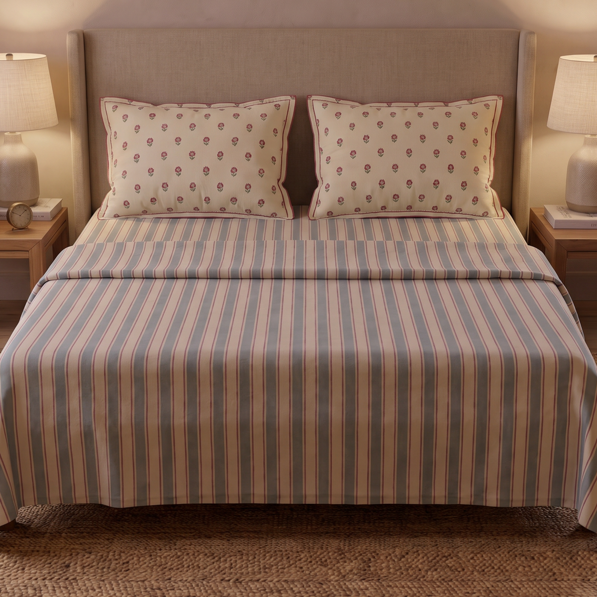 Vintage Blue Stripes 300 TC Cotton Bedsheet