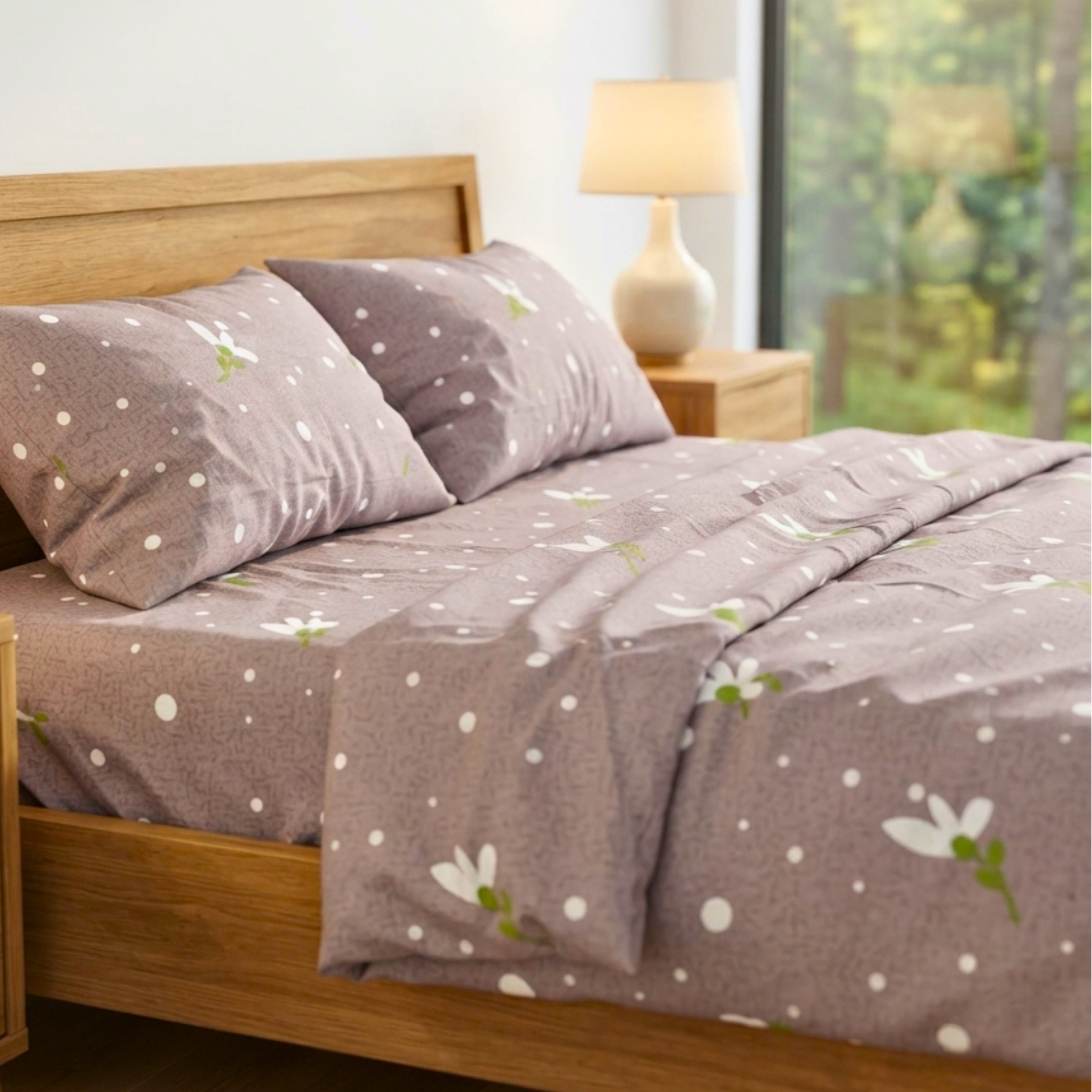 Bedsheet for Double Bed, Mauve Purple with White Floral & Polka Dot Print Queen Size.