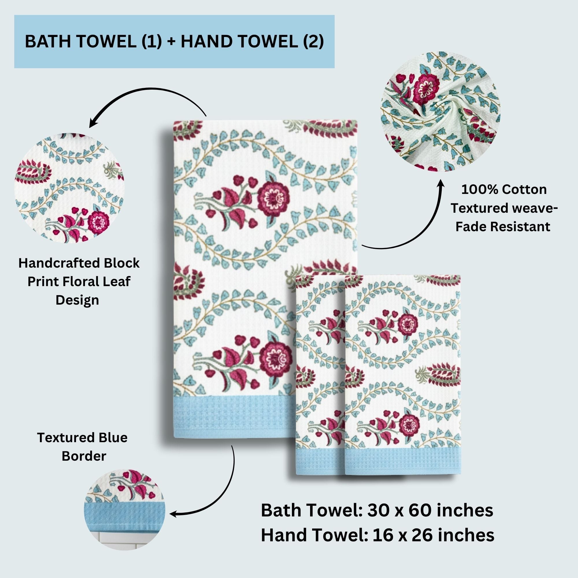 Waffle Weave Towel Set | Screen Print Hot Pink & Sky Blue Floral | Super Absorbent Bath Towel 2 Hand Towels