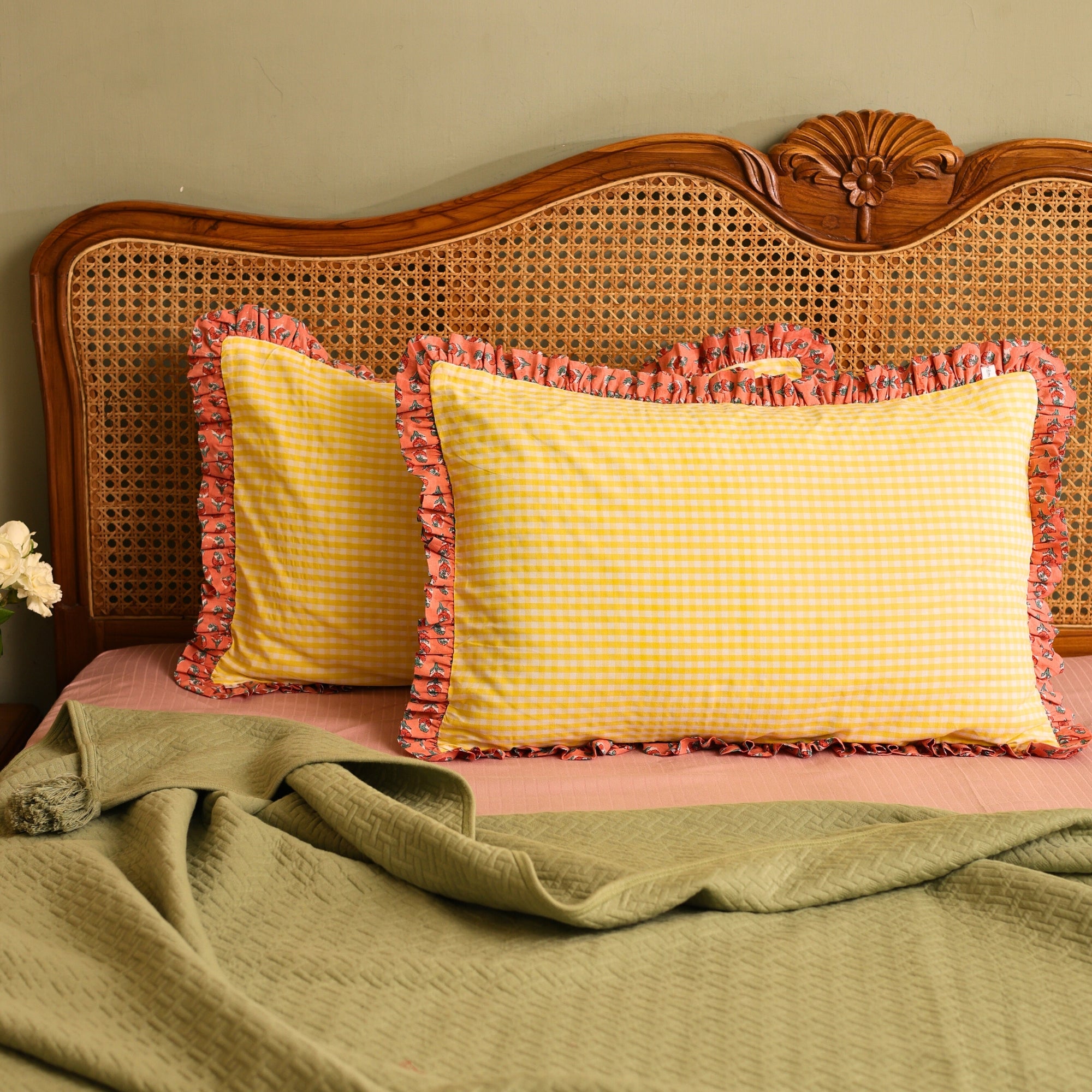 Yellow Checkered Block Print Pillow Cover with Ruffles