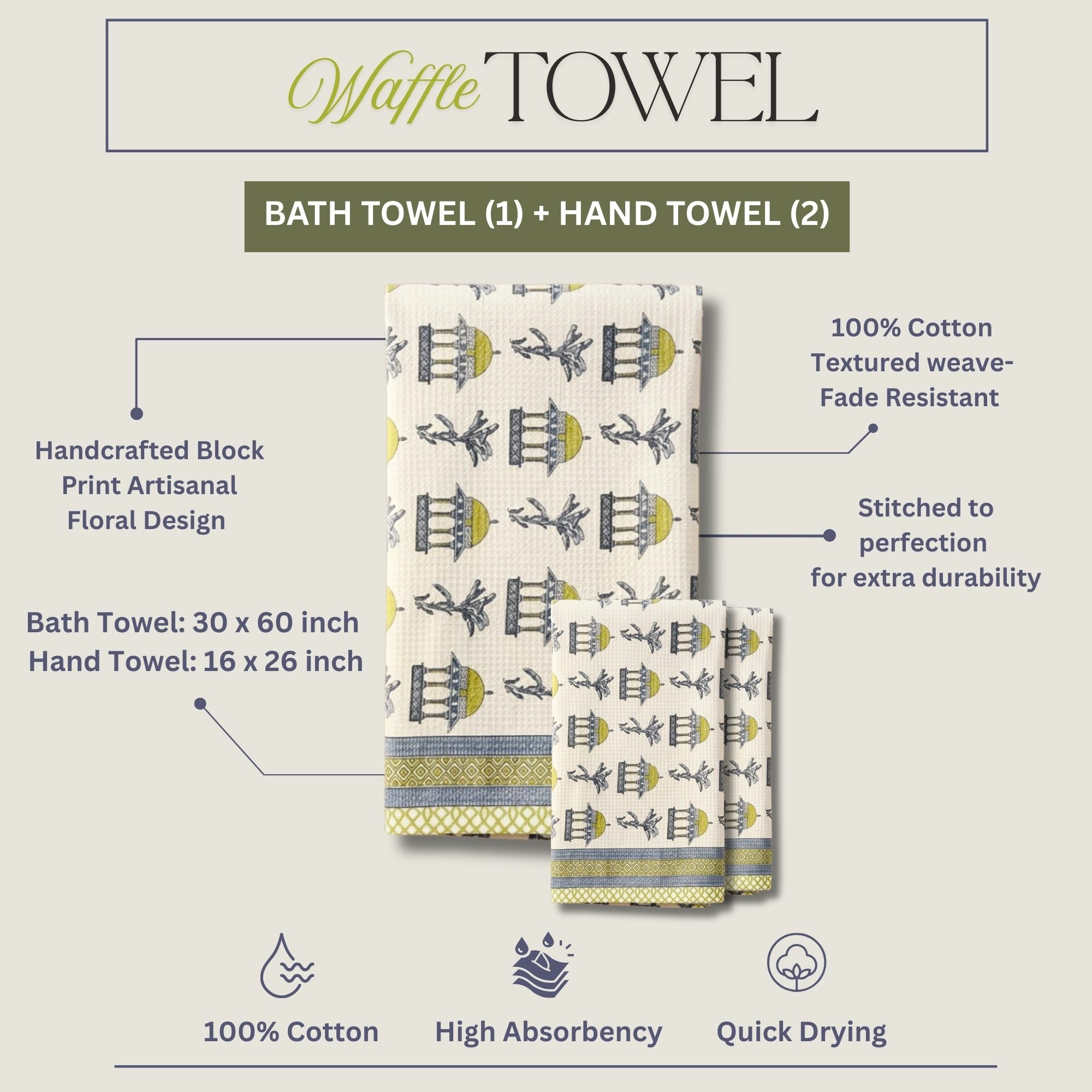Waffle Weave Towel, Mughal Dome & Floral Screen Print,