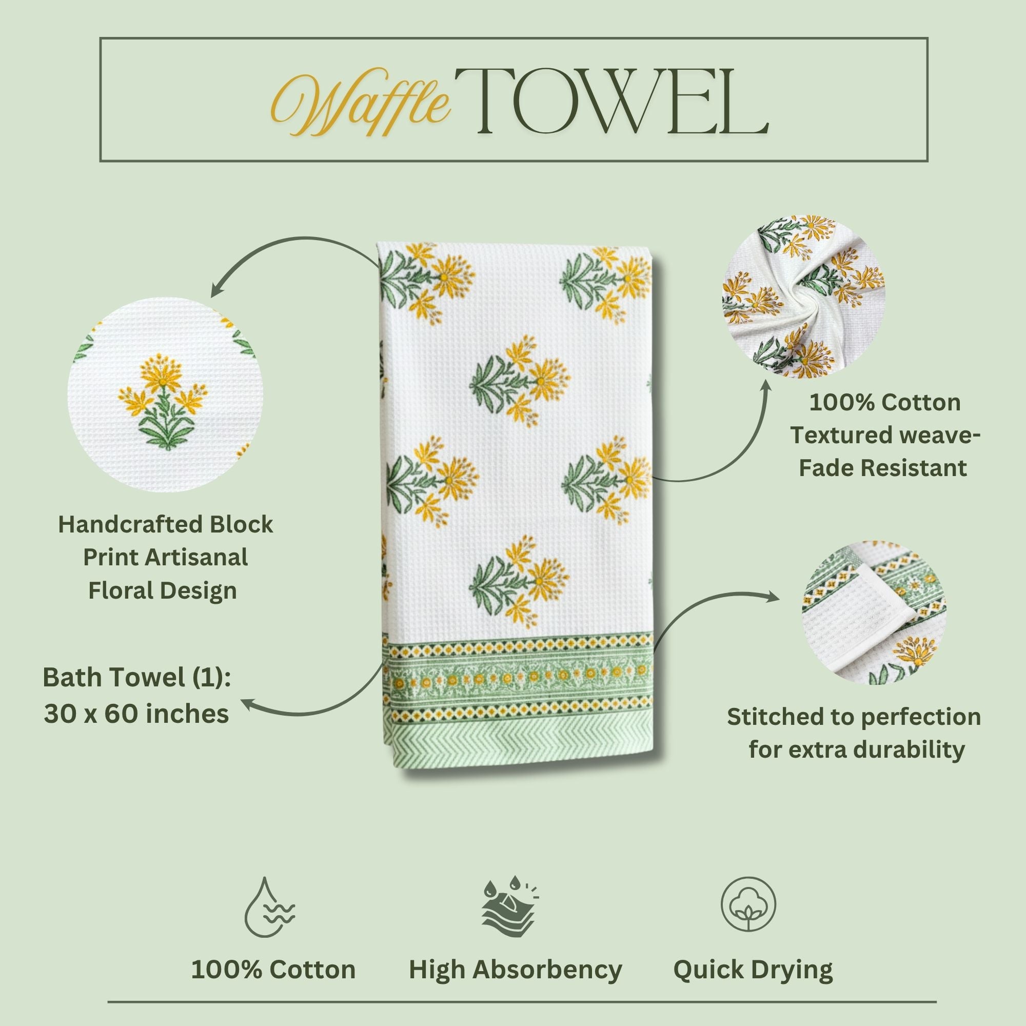 Waffle Weave Cotton Bath Towel Hand Block Printed Yellow Marigold & Green Floral | Super Absorbent, Soft & Quick Dry Bath