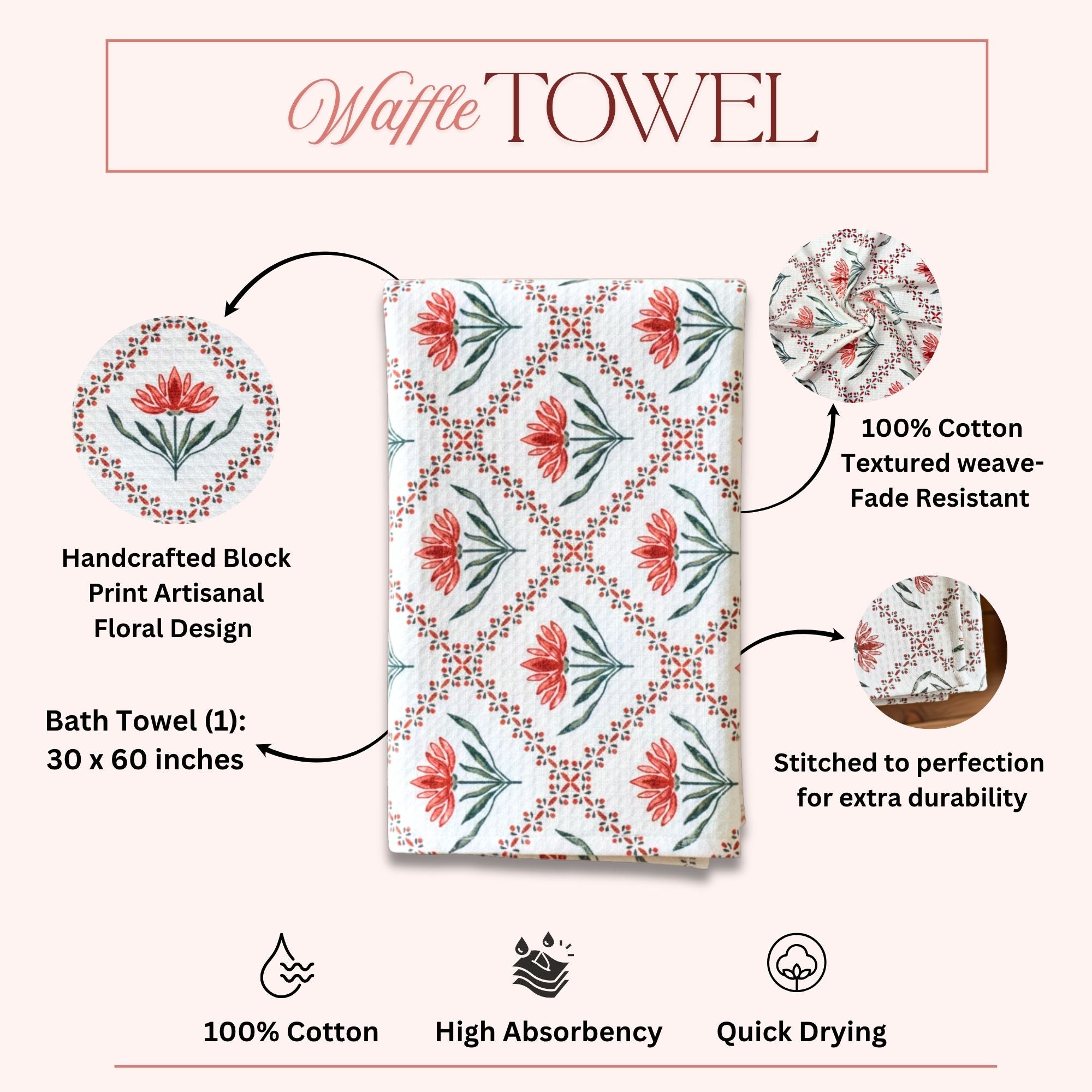 Waffle Weave Towel Set | Screen Print Red Floral Diamond Geometric | Super Absorbent Bath Towel 2 Hand Towels