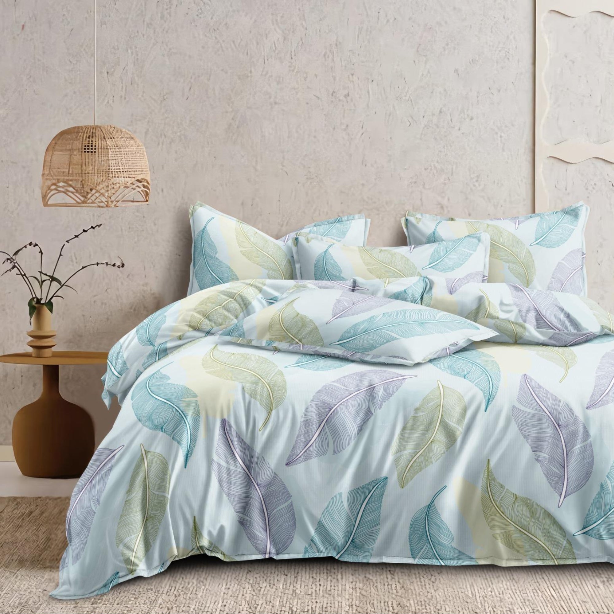 Bedsheet for Double Bed King Size Blue, Green & Purple Leaf Print.