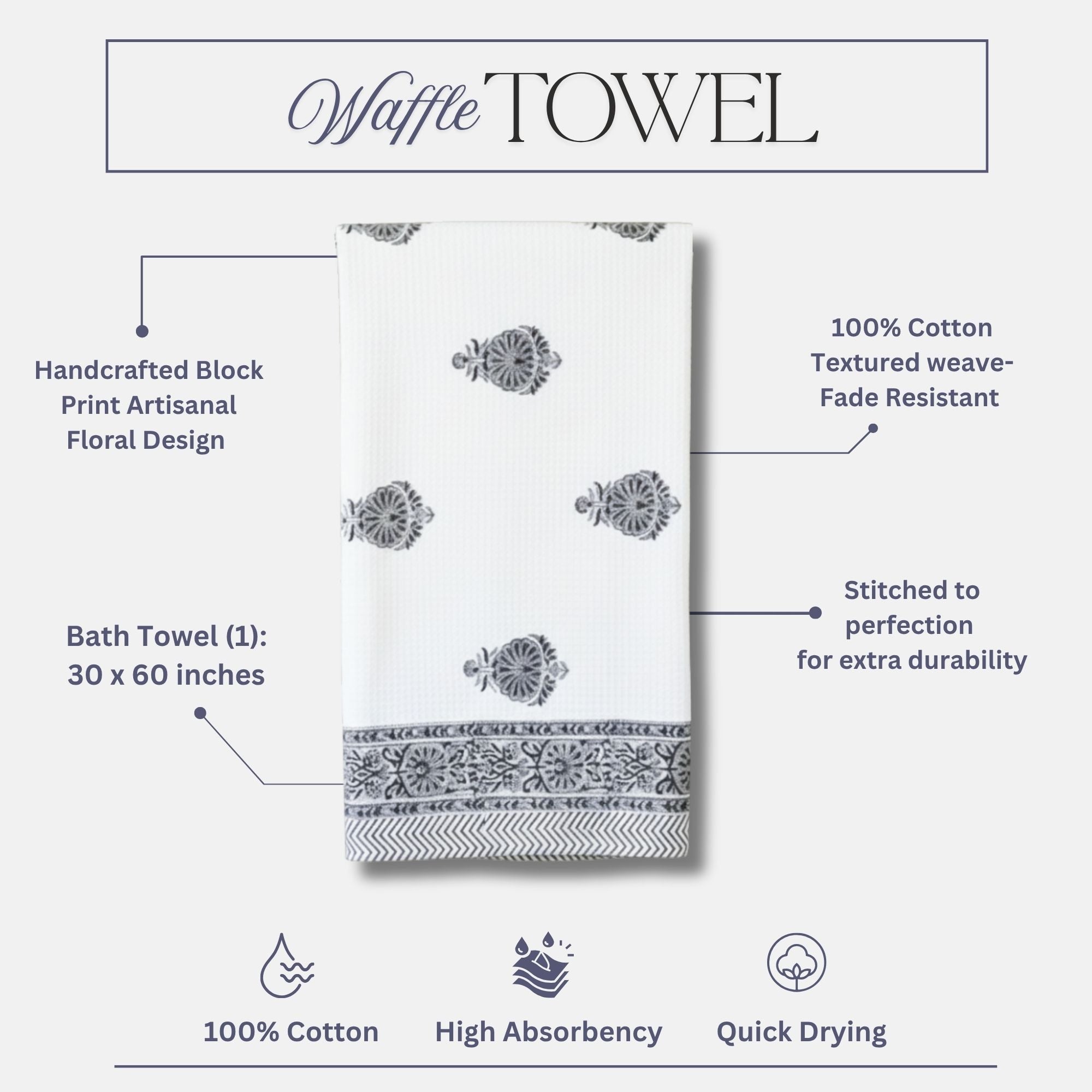 Waffle Weave Cotton Bath Towel | Hand Block Printed Indigo Blue Floral Motif | Super Absorbent, Soft & Quick Dry Bath