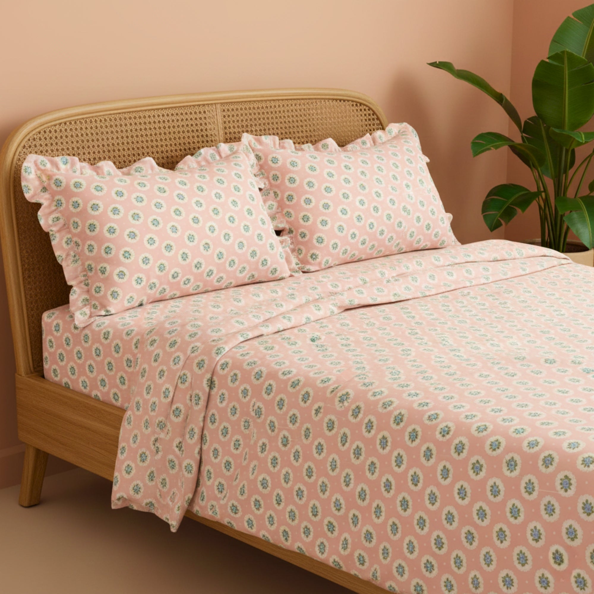 Blush Pink & White Floral Medallion Pattern – Soft, Breathable Screen Printed Flat Sheet.