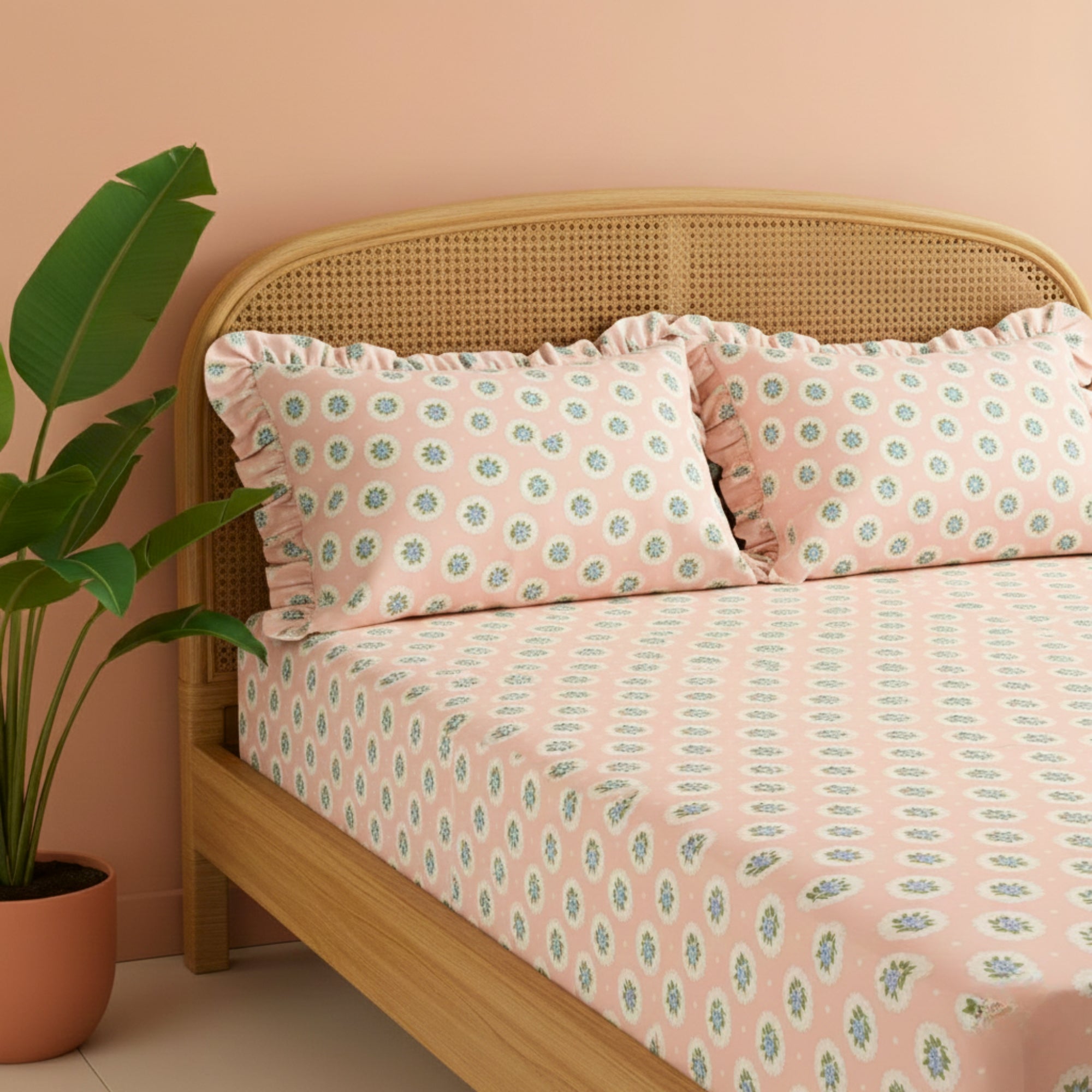 Blush Pink & White Floral Medallion Pattern – Soft, Breathable Screen Printed Flat Sheet.