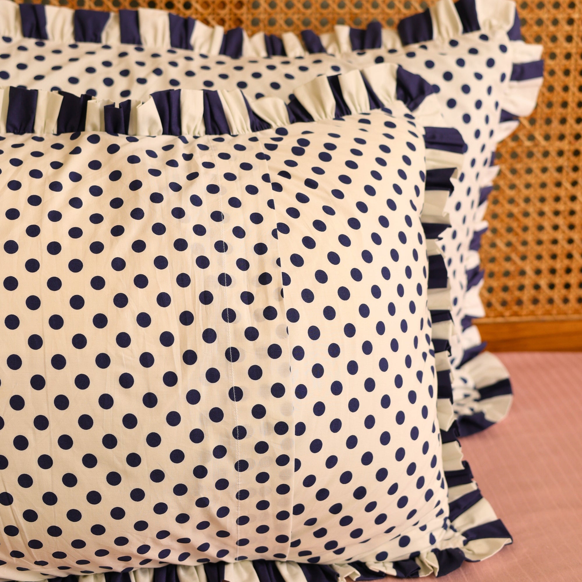 Navy Retro Polka Dot Ruffled Pillow Covers