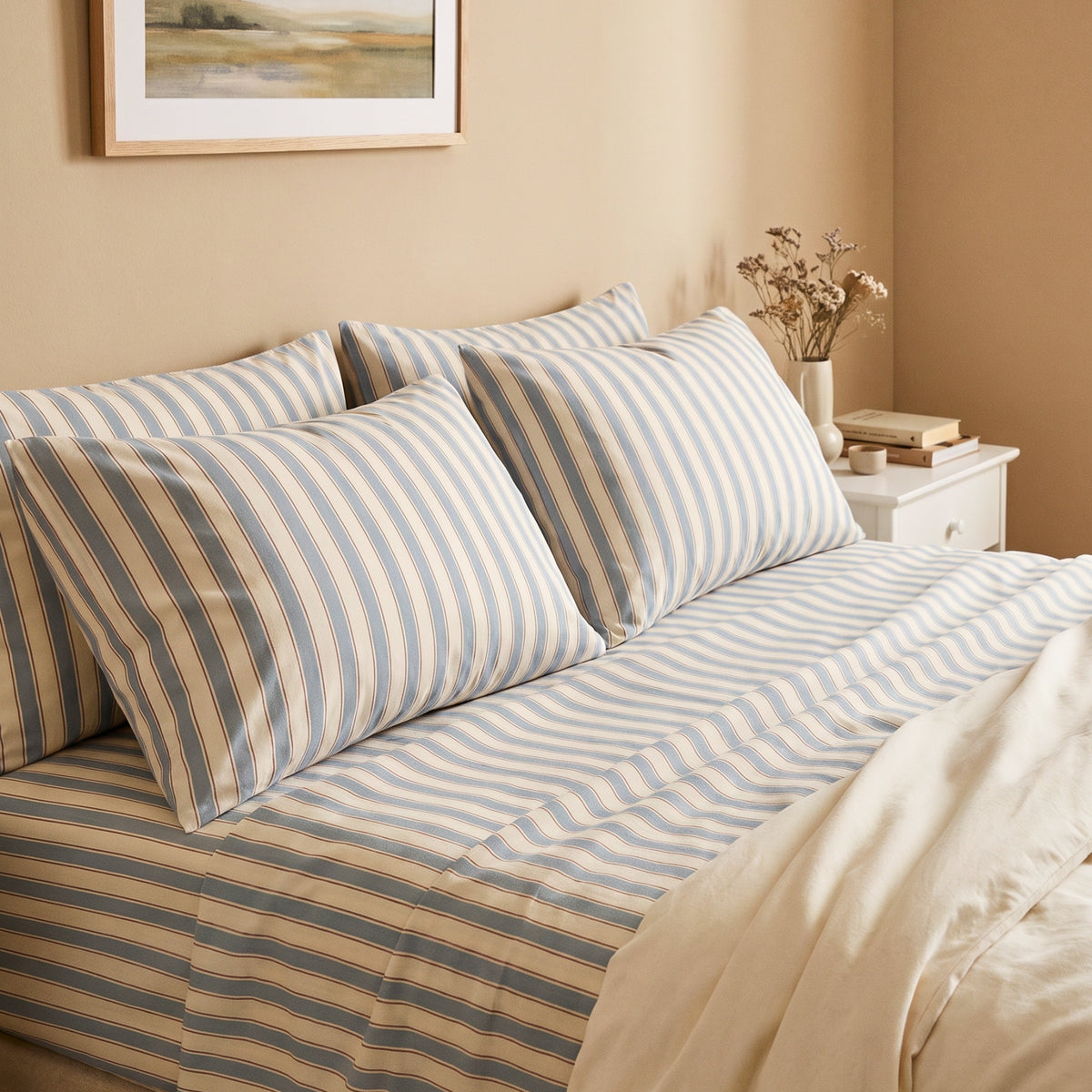 Vintage Blue Stripes 280 TC Cotton Bedsheet With Duvet Cover and 4 Pillows Covers