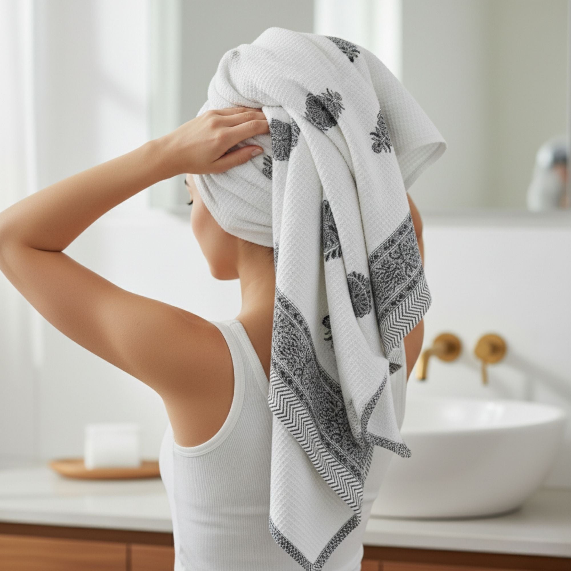 Waffle Weave Cotton Bath Towel | Hand Block Printed Indigo Blue Floral Motif | Super Absorbent, Soft & Quick Dry Bath