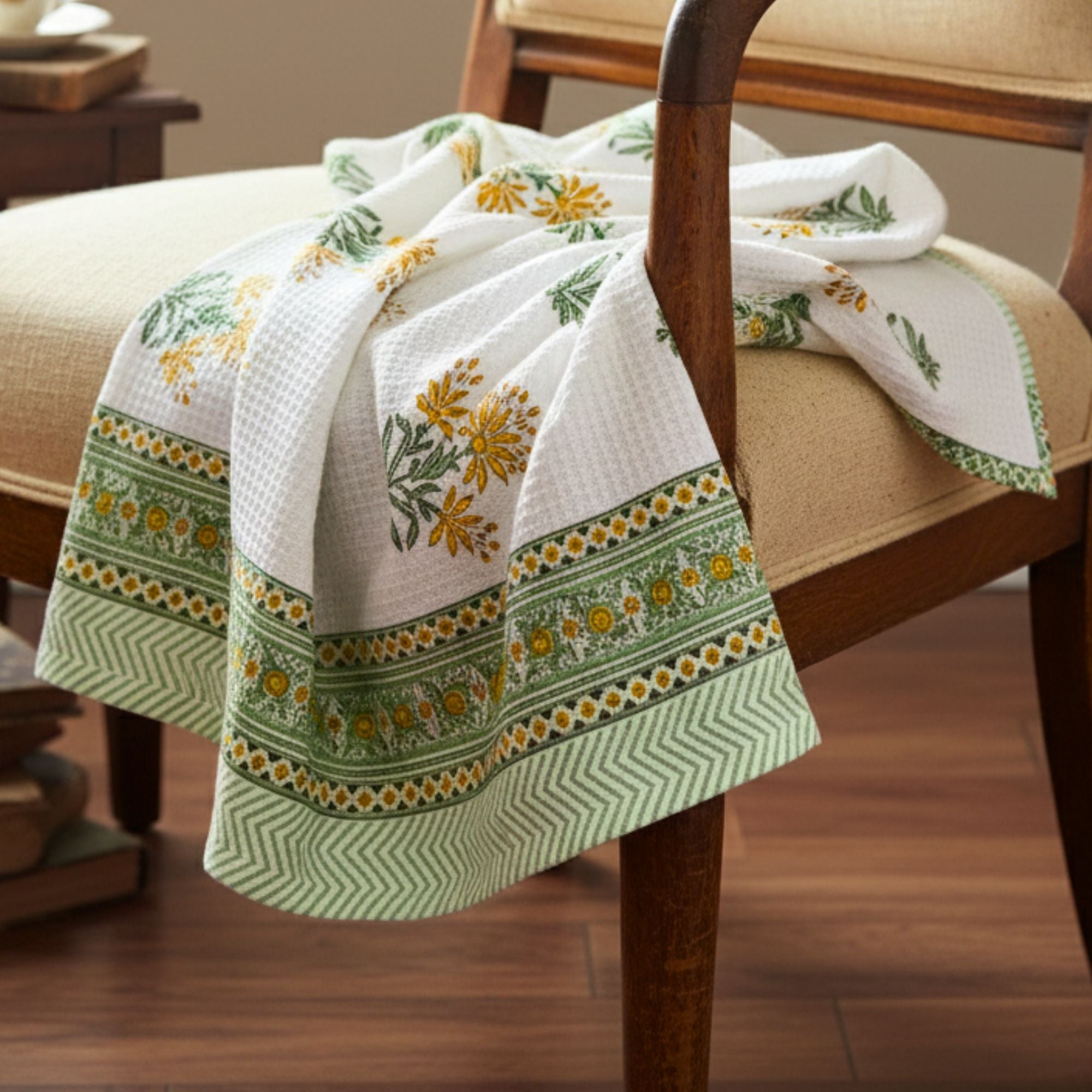 Waffle Weave Cotton Bath Towel Hand Block Printed Yellow Marigold & Green Floral | Super Absorbent, Soft & Quick Dry Bath