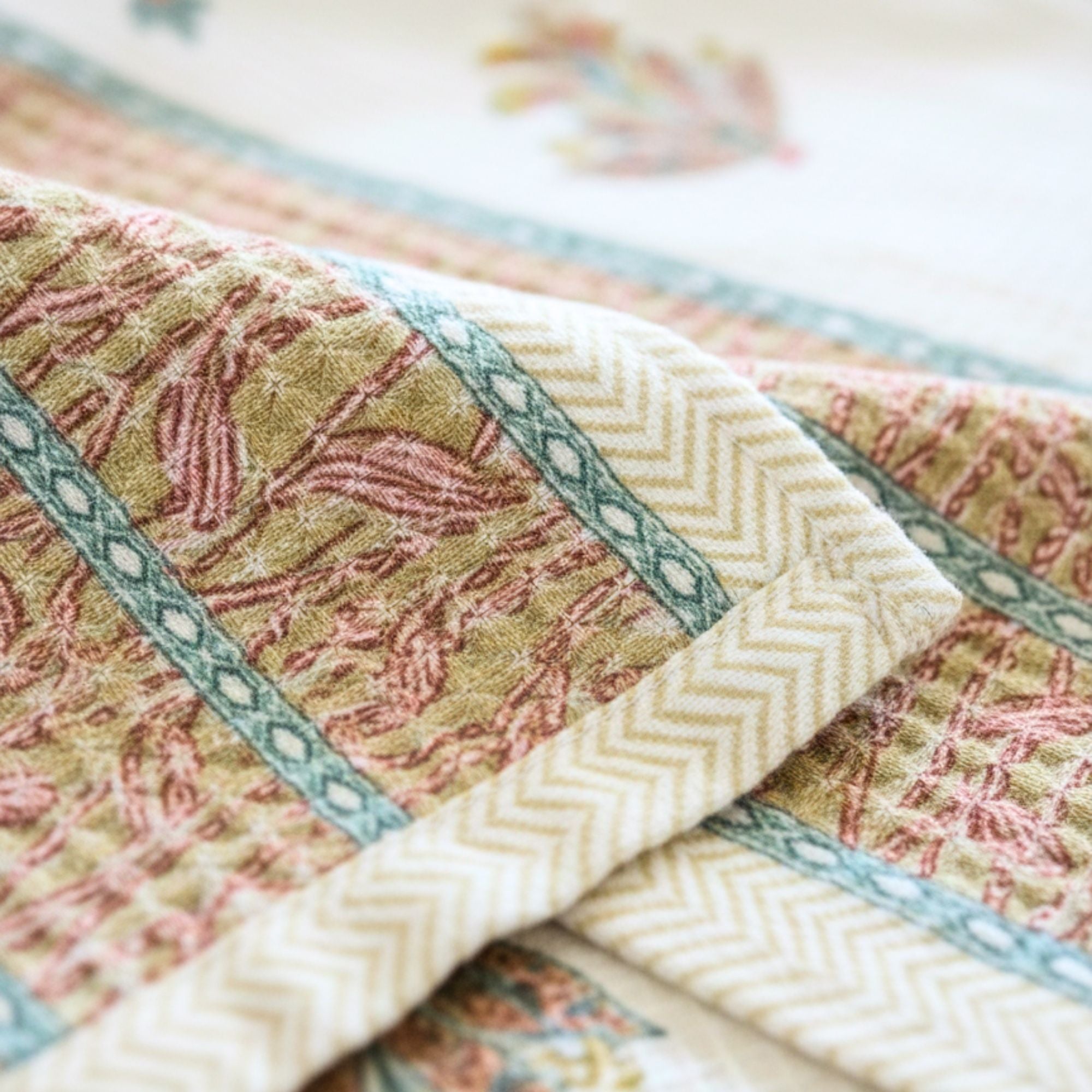 Waffle Weave Cotton Bath Towel, Hand Block Printed Floral Design Inches, White