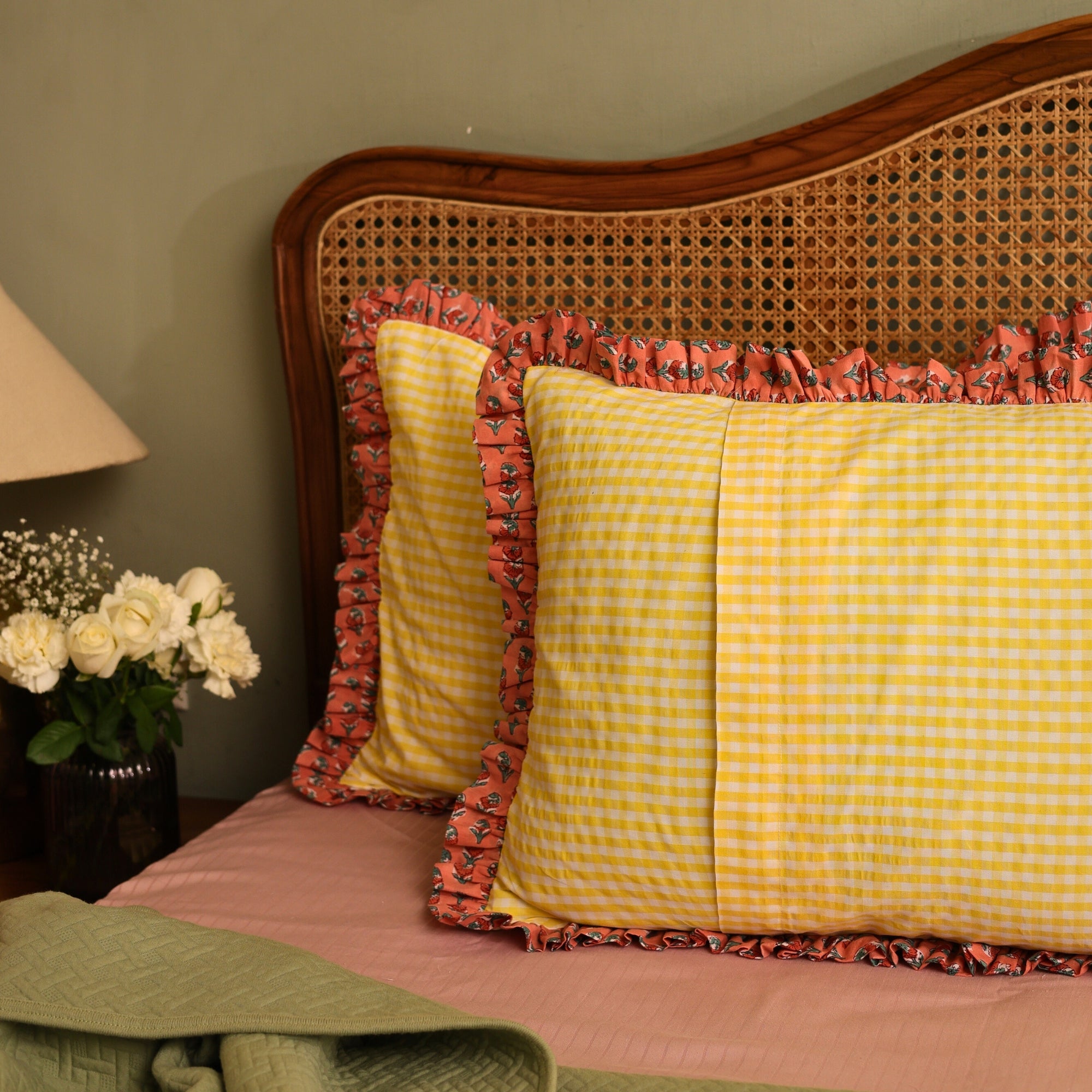 Yellow Checkered Block Print Pillow Cover with Ruffles