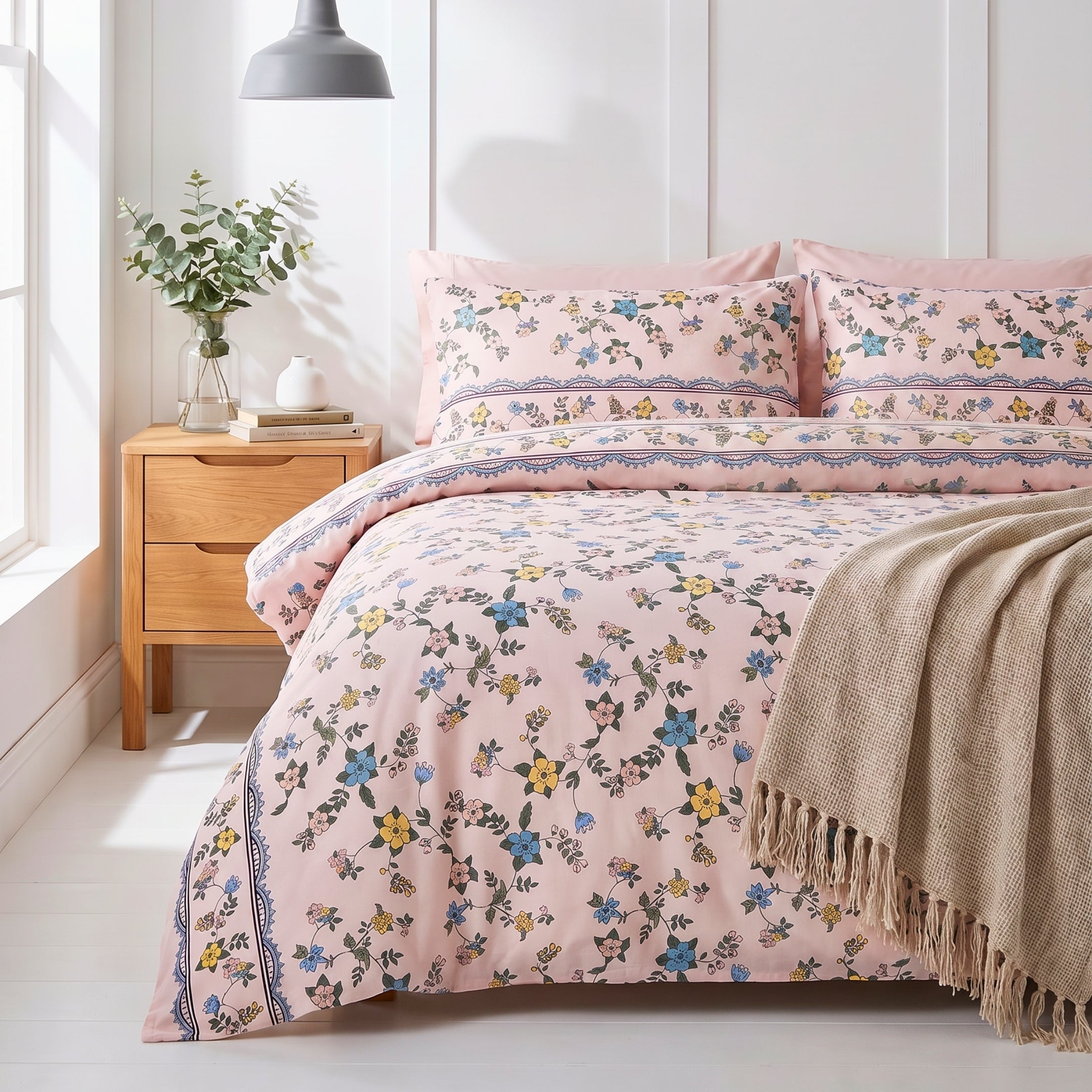 Blended poly Double Bedsheet Peach Bedsheet with Yellow & Blue Floral Print – Soft & Breathable Queen Size Yellow & Blue Floral Queen Size)