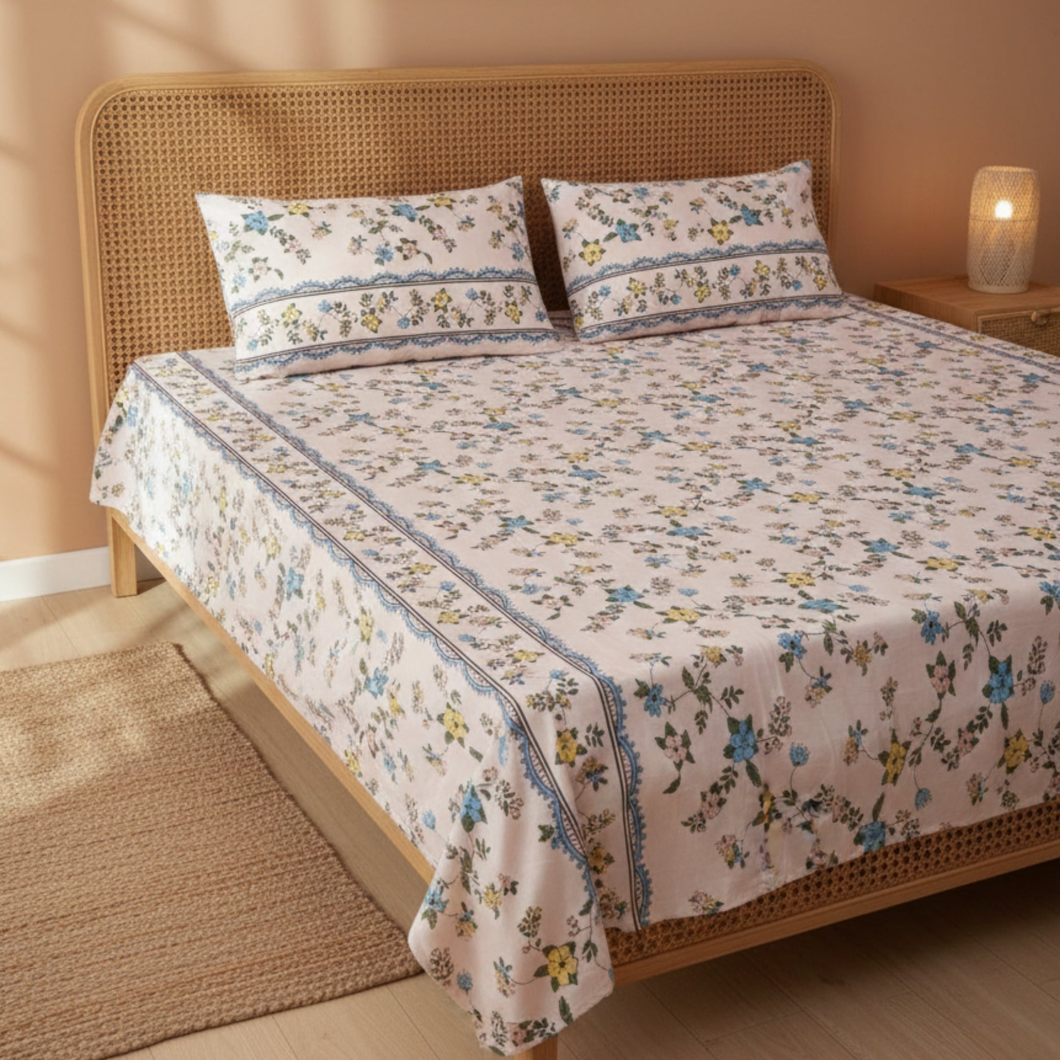 Blended poly Double Bedsheet Peach Bedsheet with Yellow & Blue Floral Print – Soft & Breathable Queen Size Yellow & Blue Floral Queen Size)