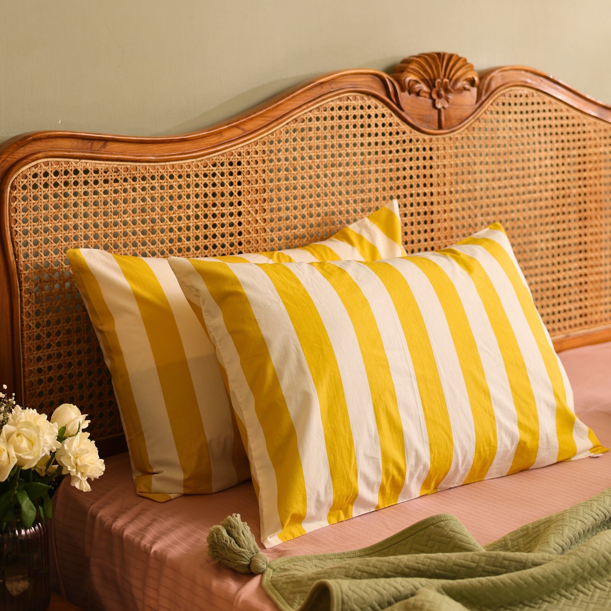 Yellow & White Bold Stripe Premium Cotton Pillow Covers