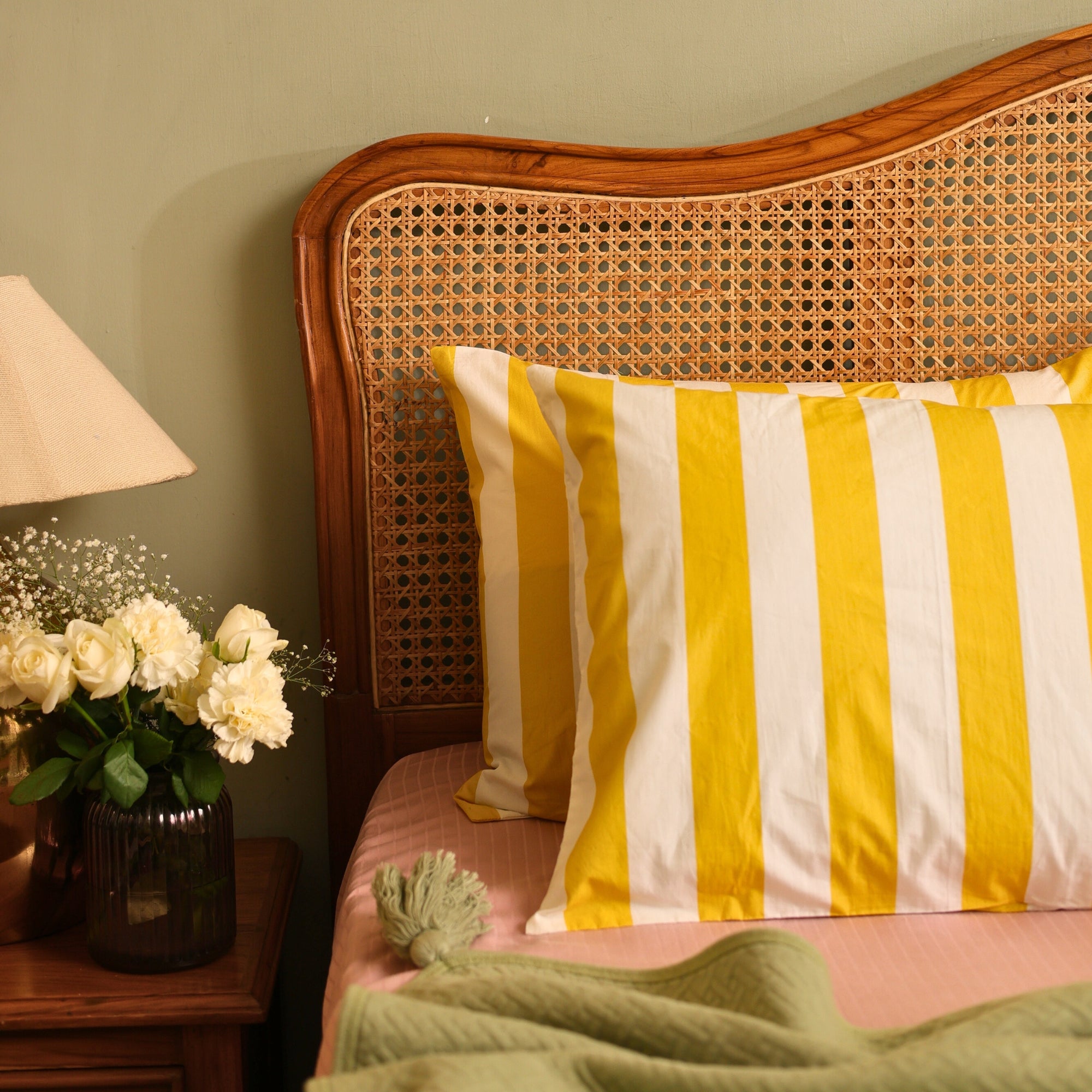 Yellow & White Bold Stripe Premium Cotton Pillow Covers