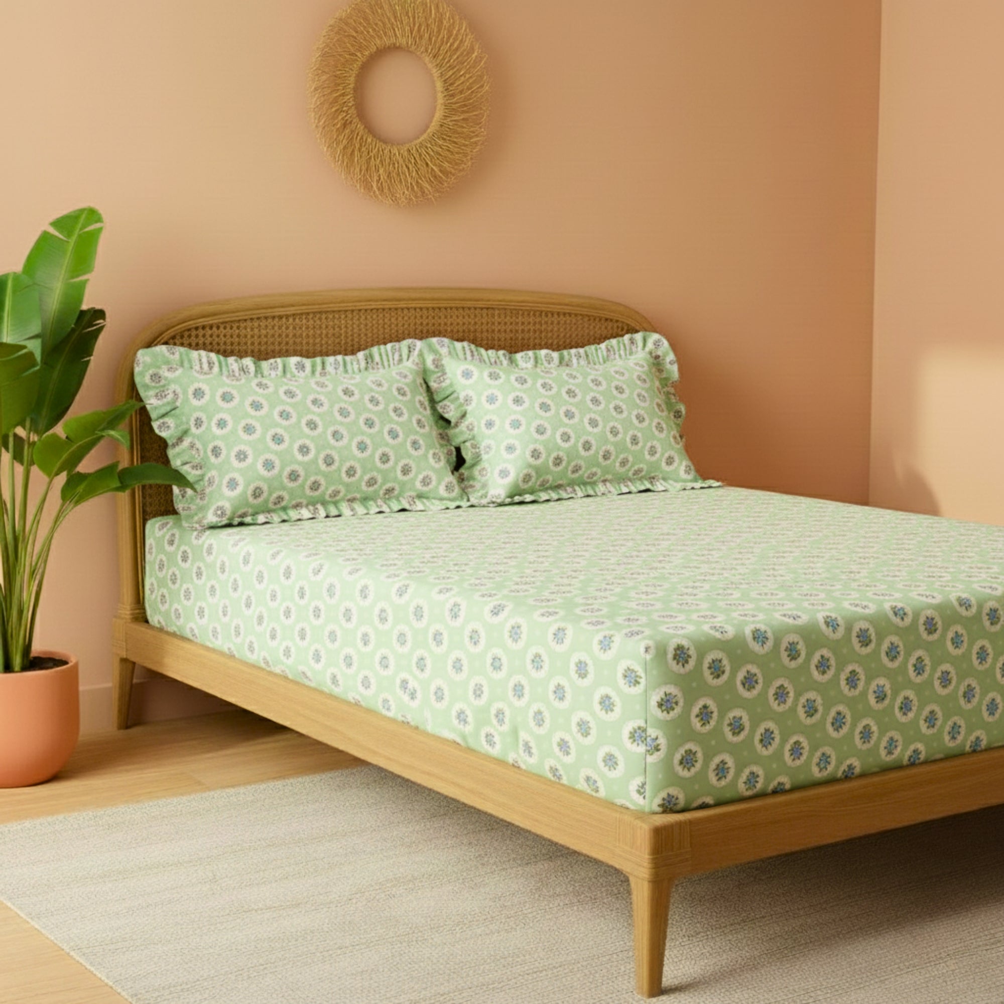 Sage Green & White Floral Pattern with Blue Medallions – Soft, Breathable Screen Printed Flat Sheet