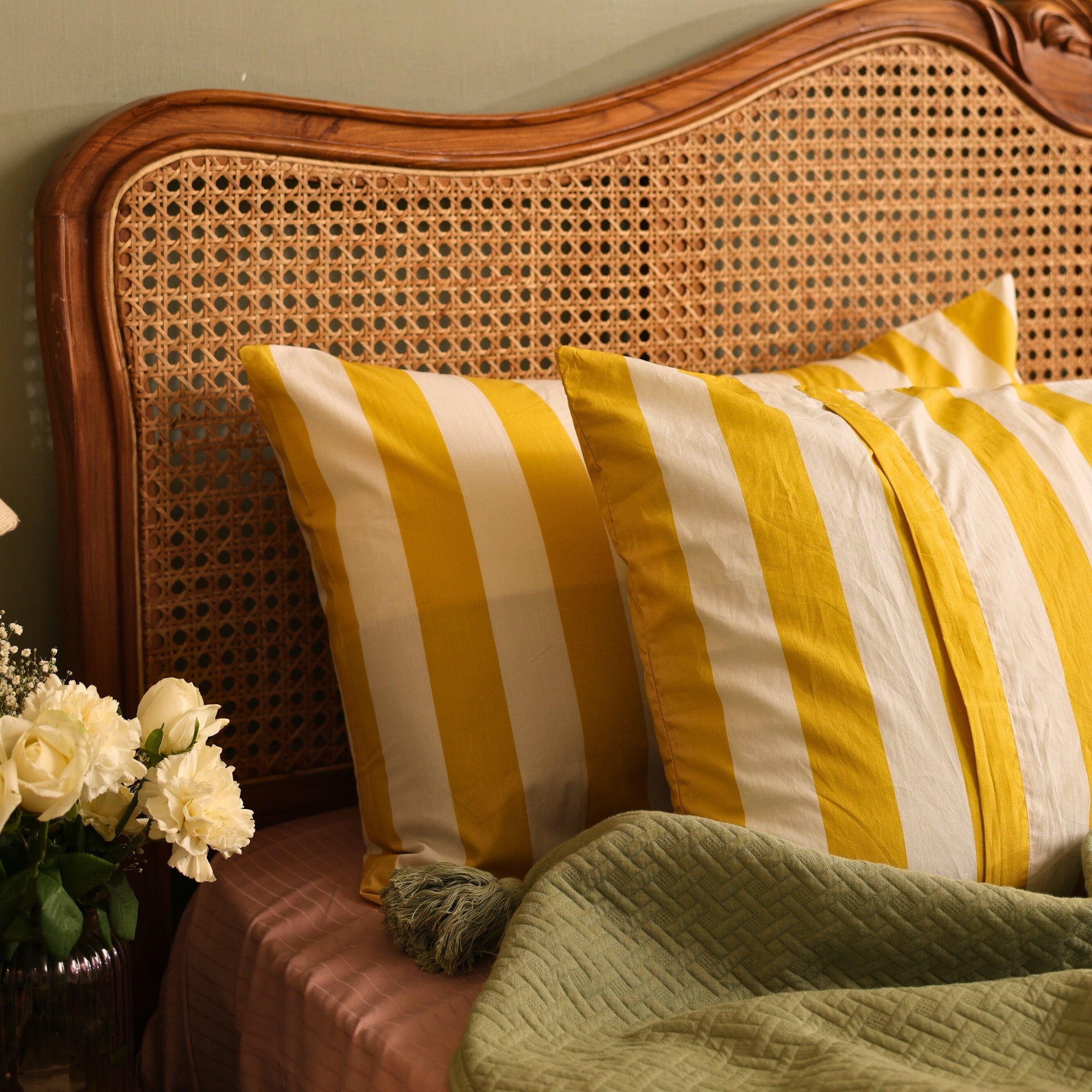 Yellow & White Bold Stripe Premium Cotton Pillow Covers