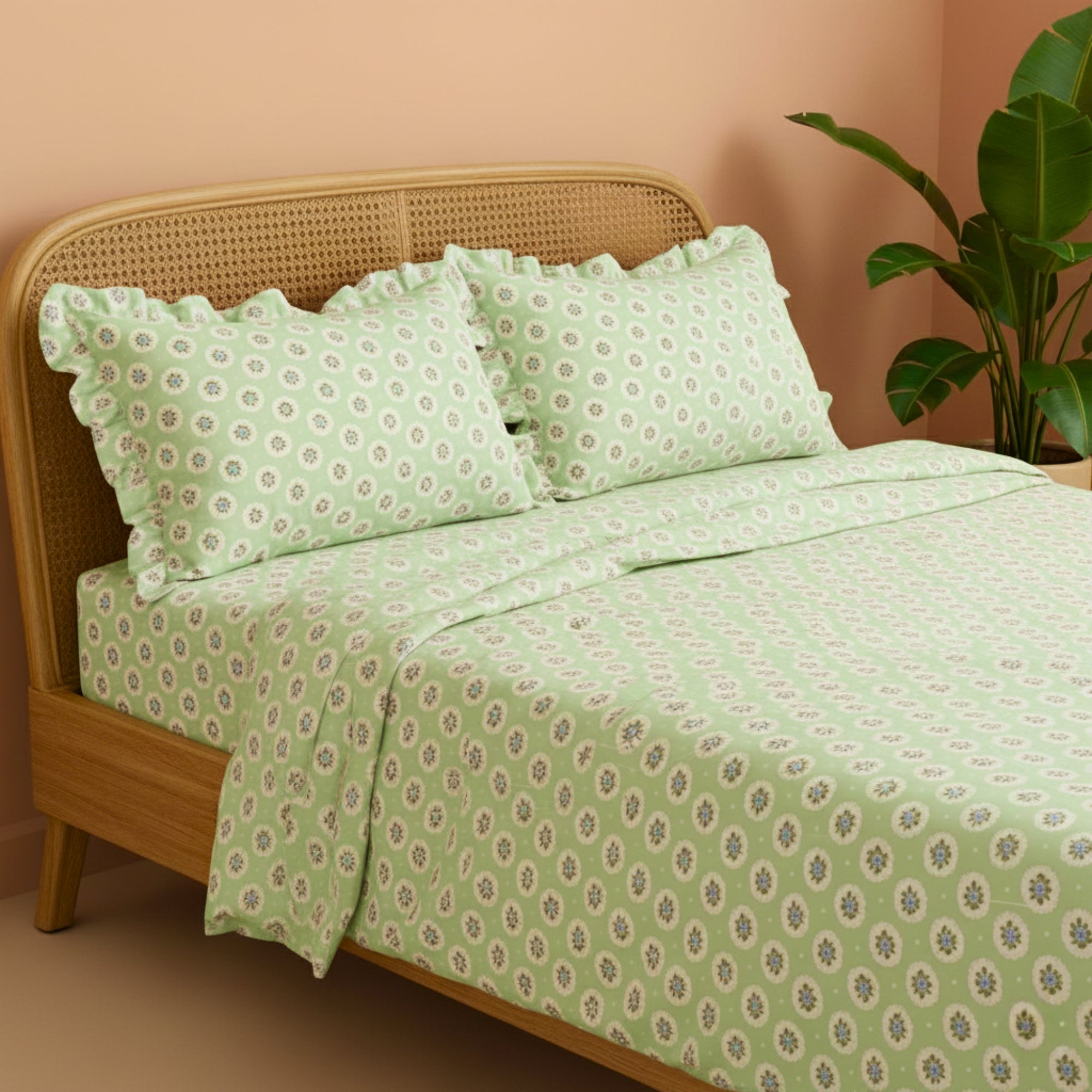 Sage Green & White Floral Pattern with Blue Medallions – Soft, Breathable Screen Printed Flat Sheet