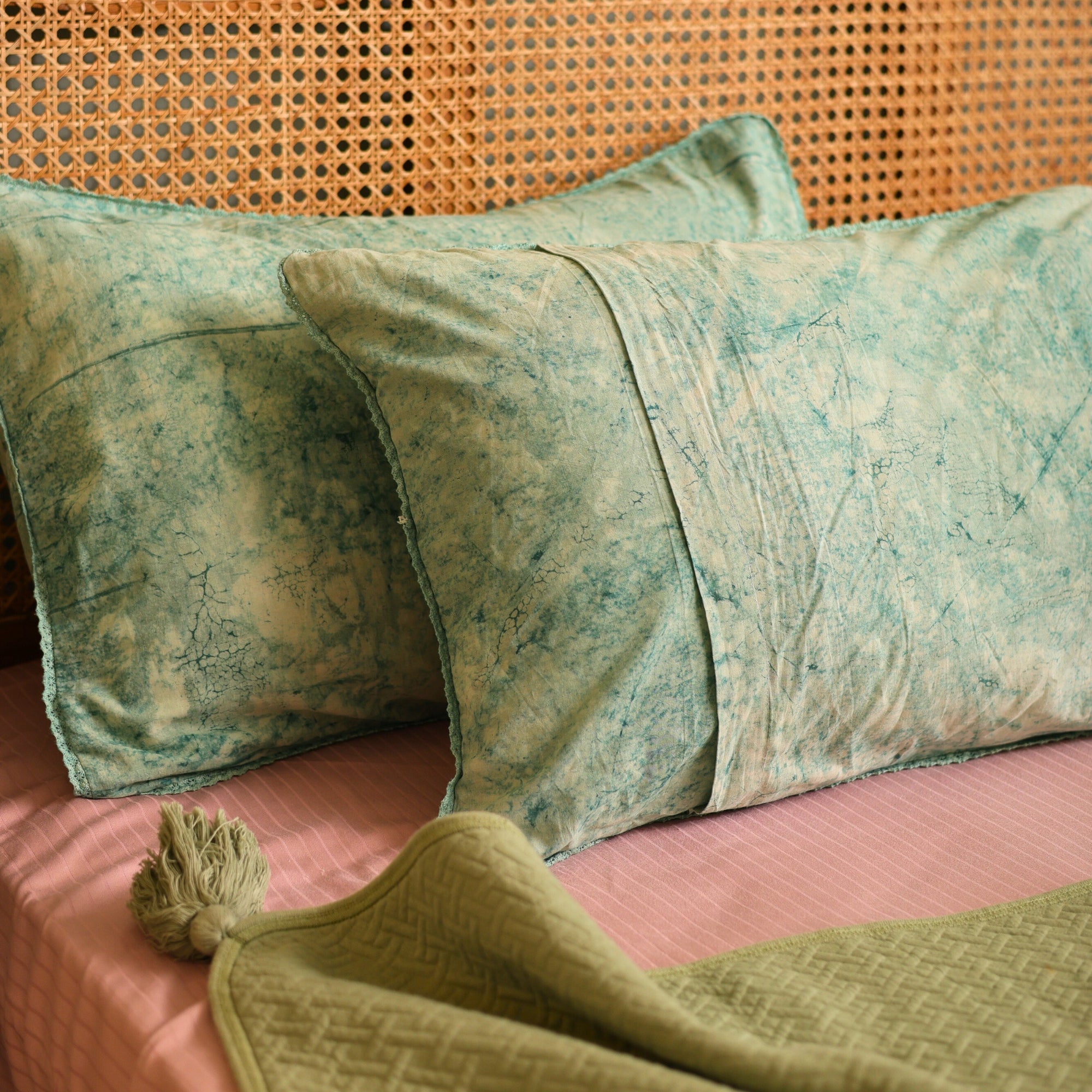 Brook Green Batik Pillow Covers with Lace insert