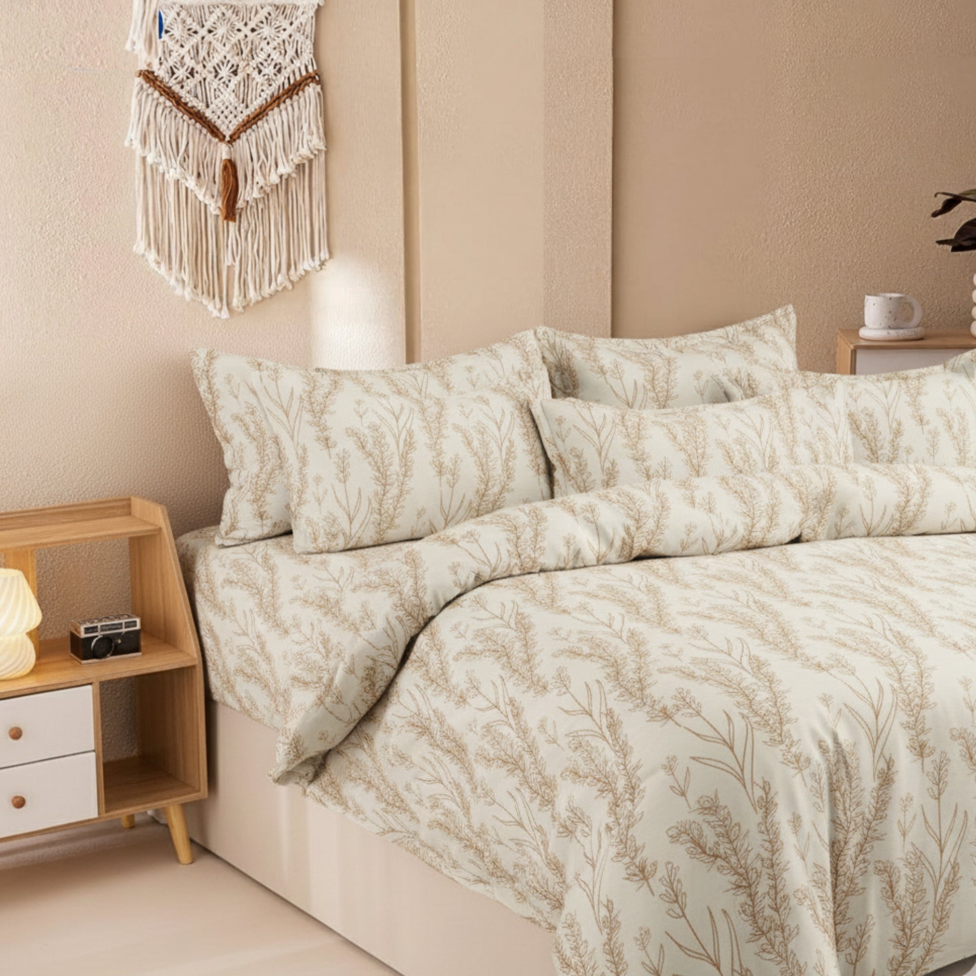 Cotton King Size Bedsheet Light Beige Bedsheet with Golden Brown Leaf Print – Soft & Breathable Double BedSheet