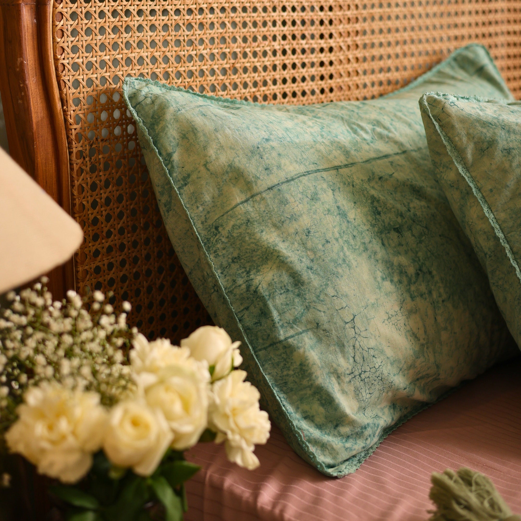 Brook Green Batik Pillow Covers with Lace insert