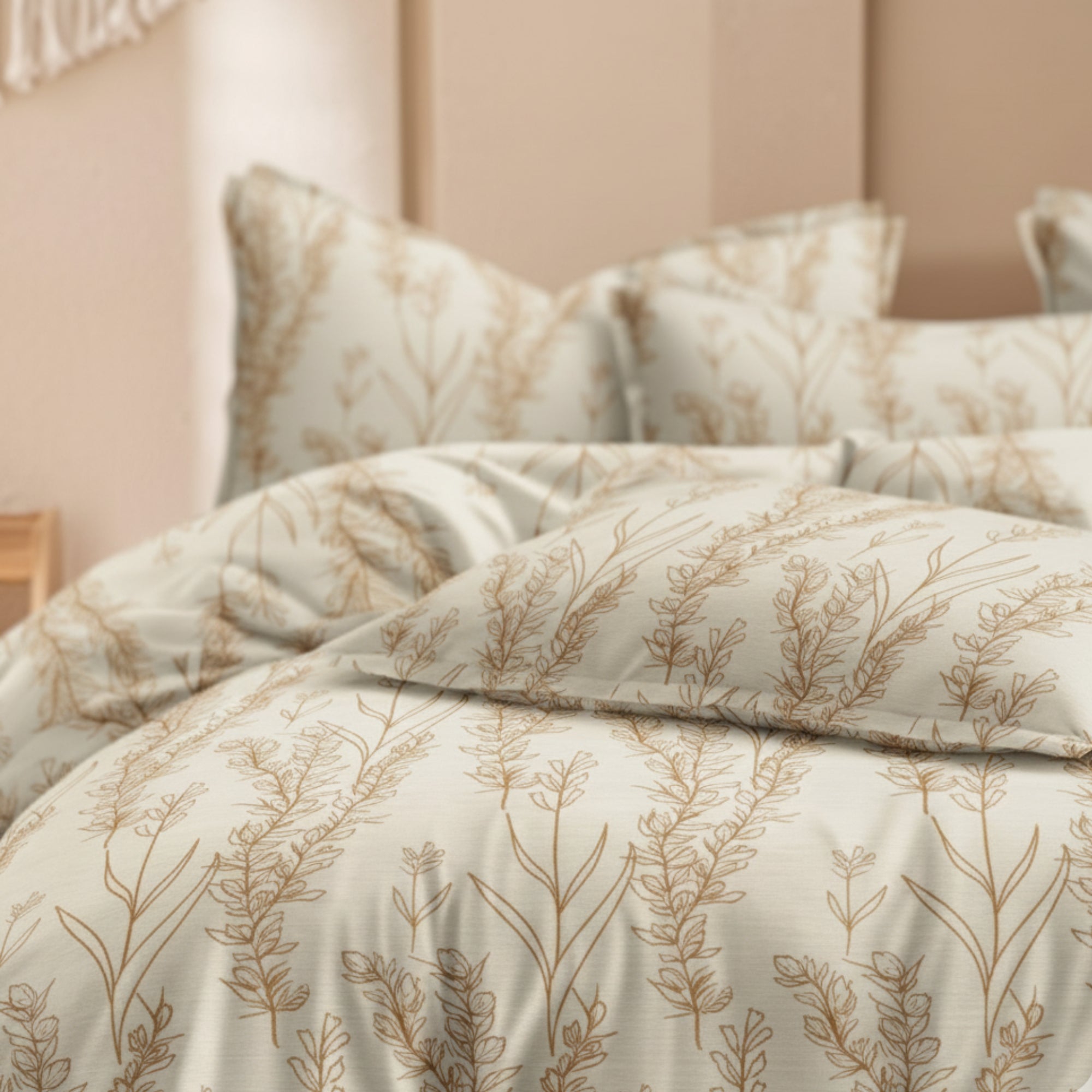Cotton King Size Bedsheet Light Beige Bedsheet with Golden Brown Leaf Print – Soft & Breathable Double BedSheet