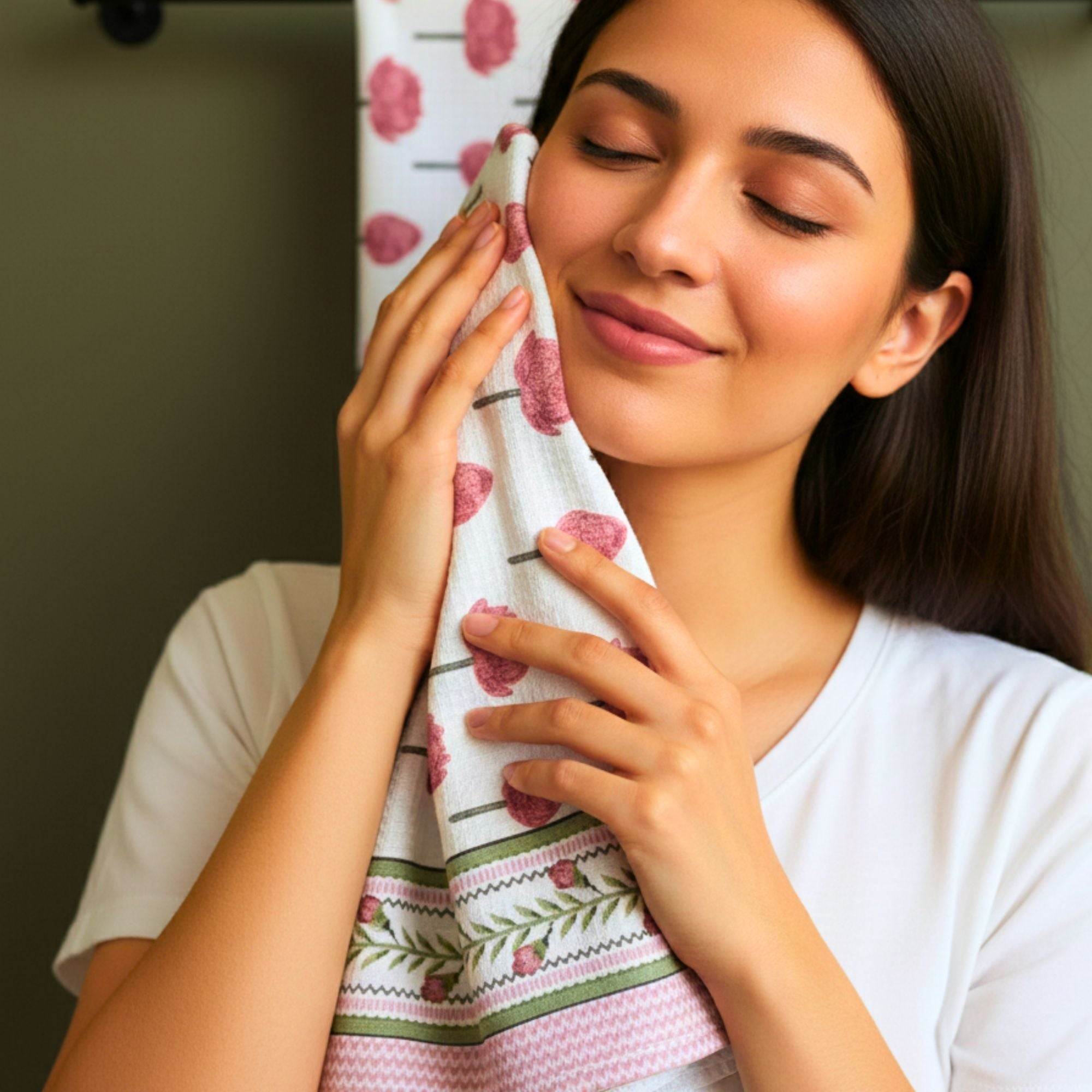 Waffle Weave Towel Set | Screen Print Red Floral Bud Motif | Super Absorbent Bath Towel 2 Hand Towels
