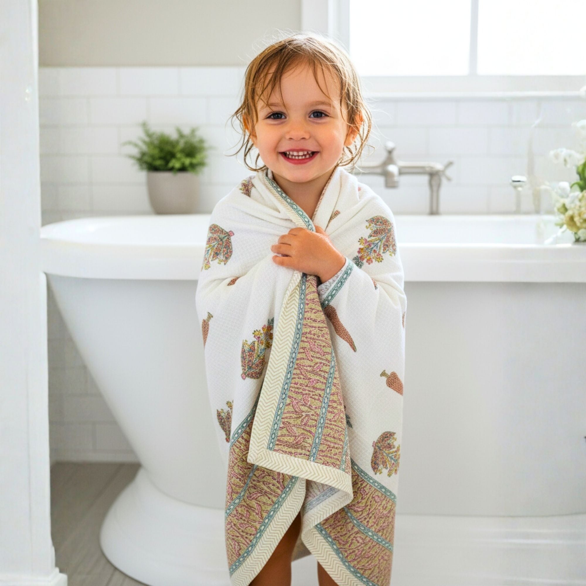 Waffle Weave Cotton Bath Towel, Hand Block Printed Floral Design Inches, White