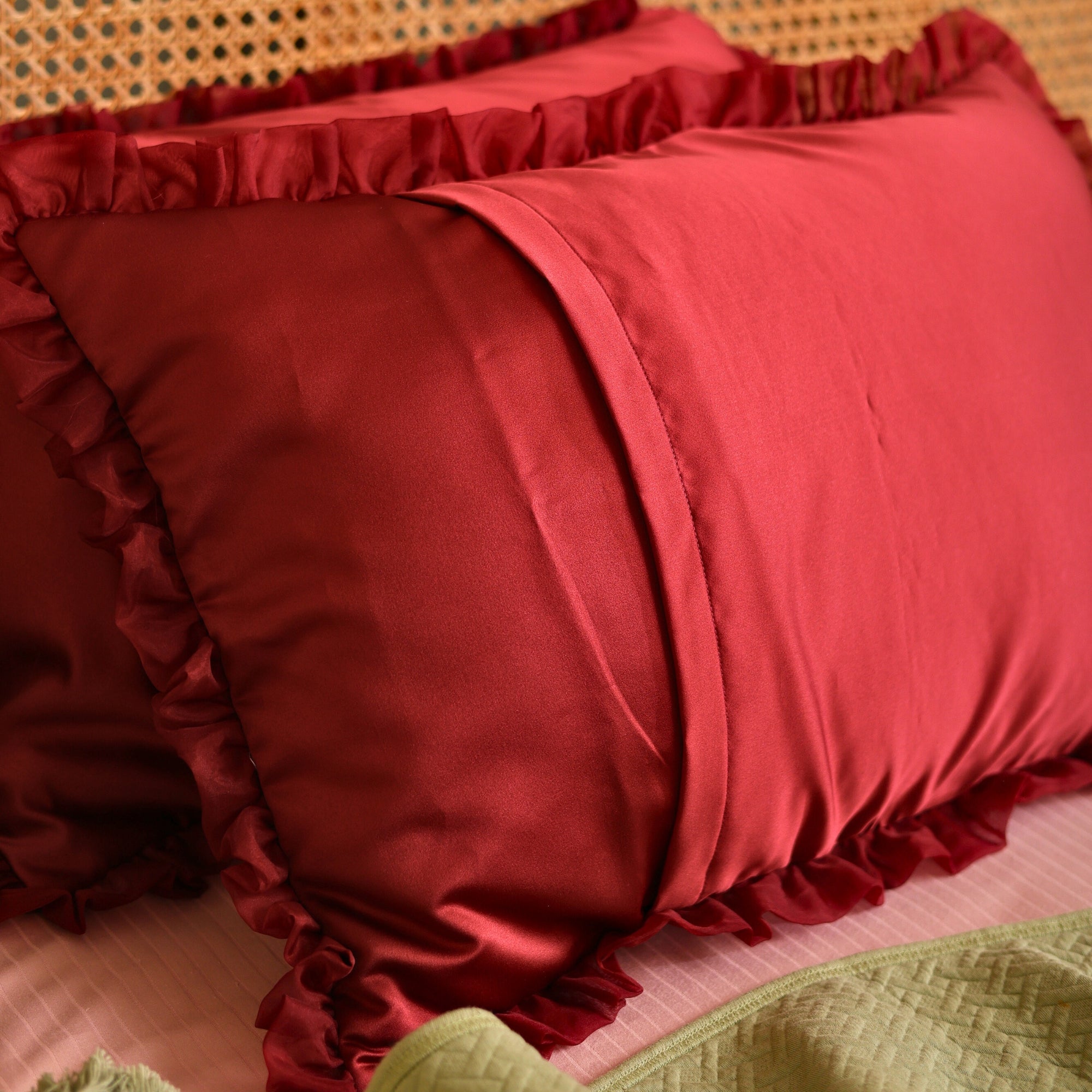 Elegant Maroon Satin Pillow Covers with Ruffled Edges