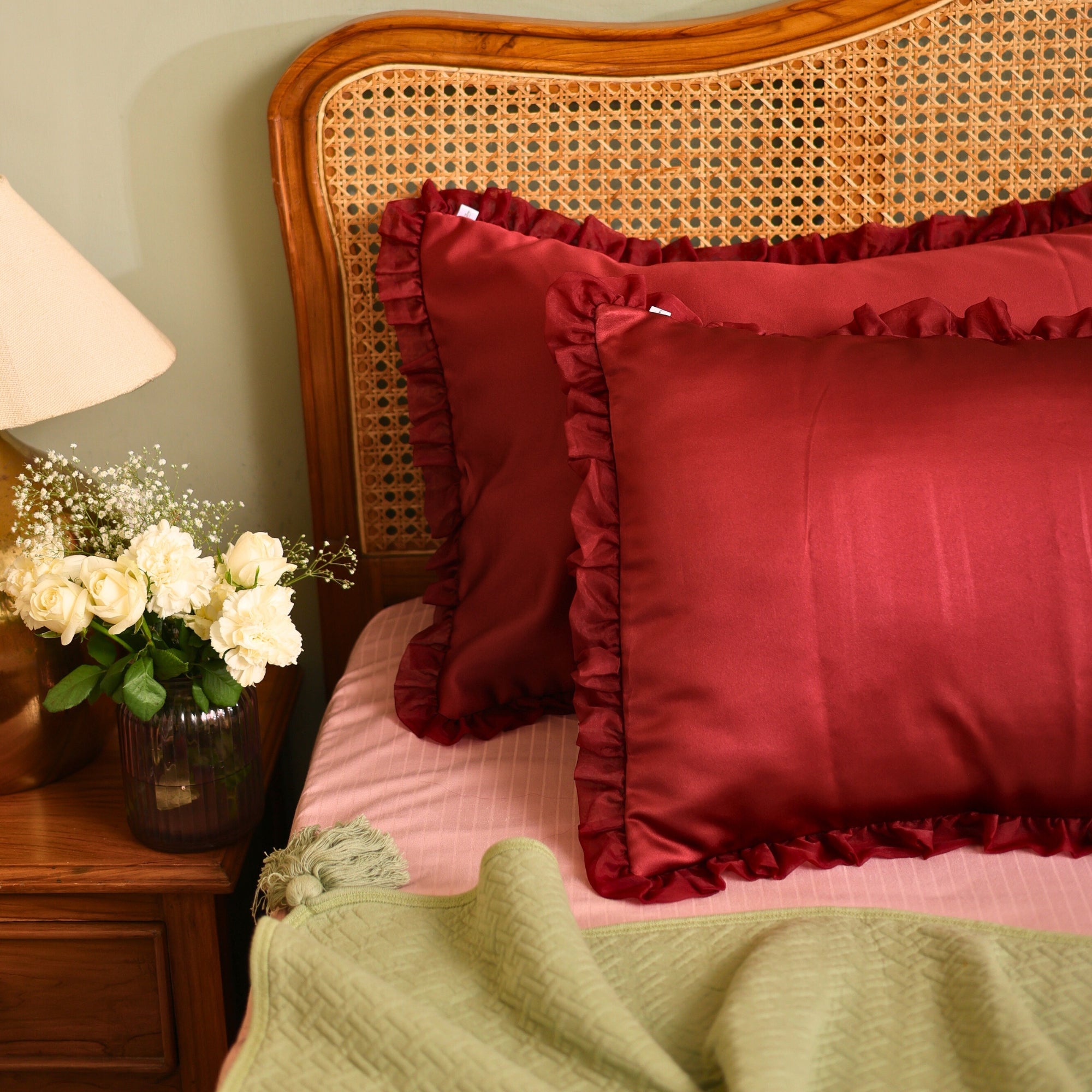 Elegant Maroon Satin Pillow Covers with Ruffled Edges