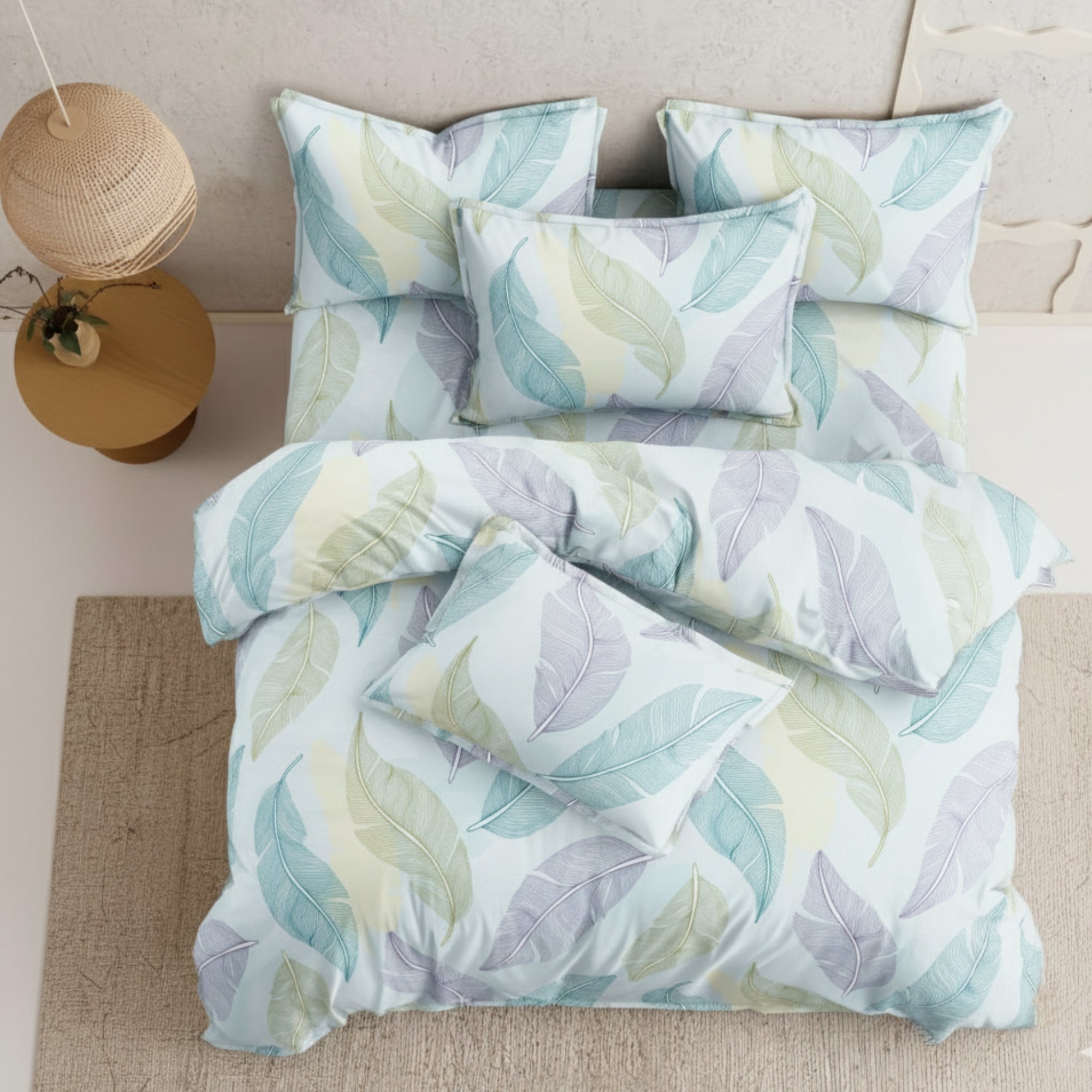 Bedsheet for Double Bed King Size Blue, Green & Purple Leaf Print.